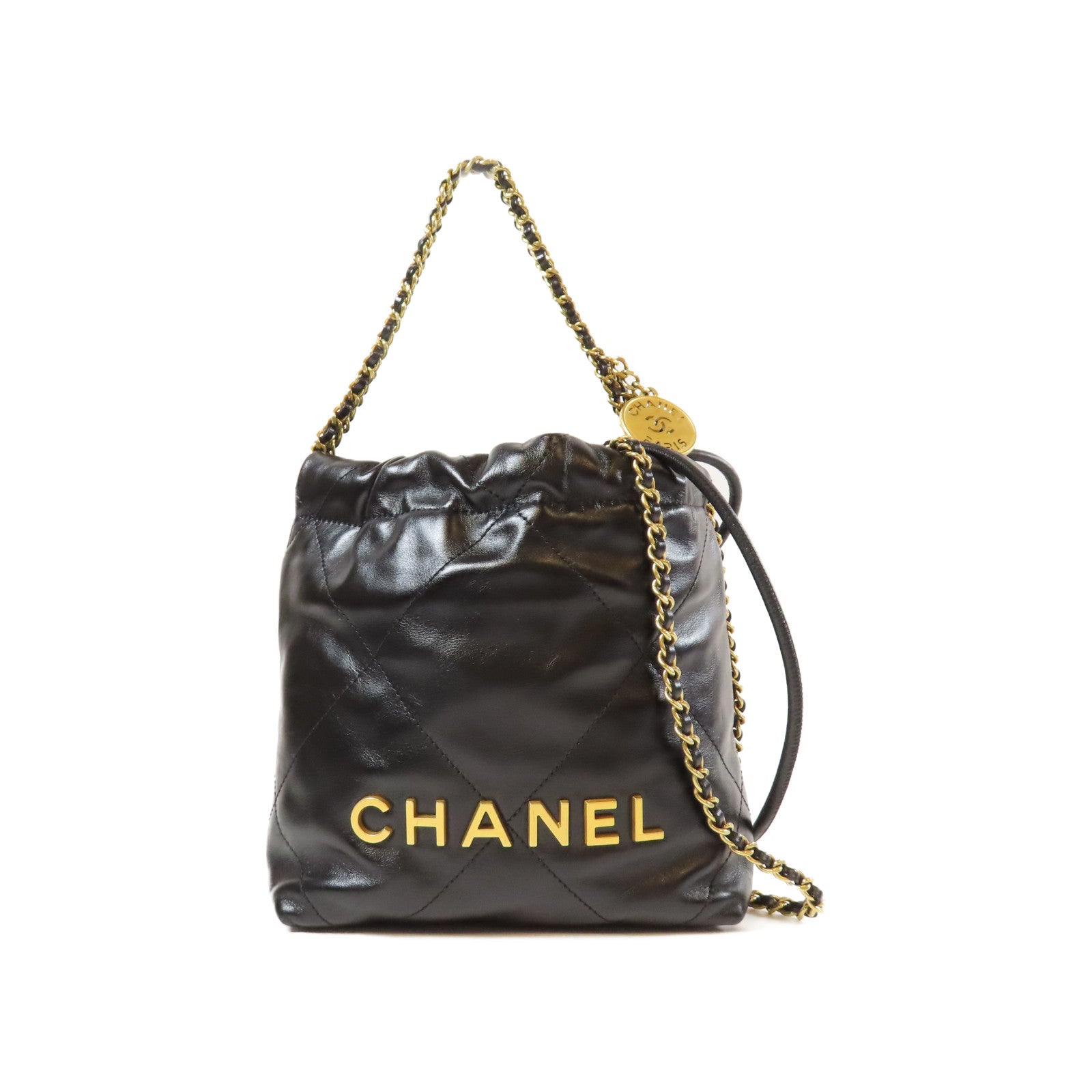 CHANEL 菱格羊皮皮革Mini 22金扣手挽肩背兩用袋黑色