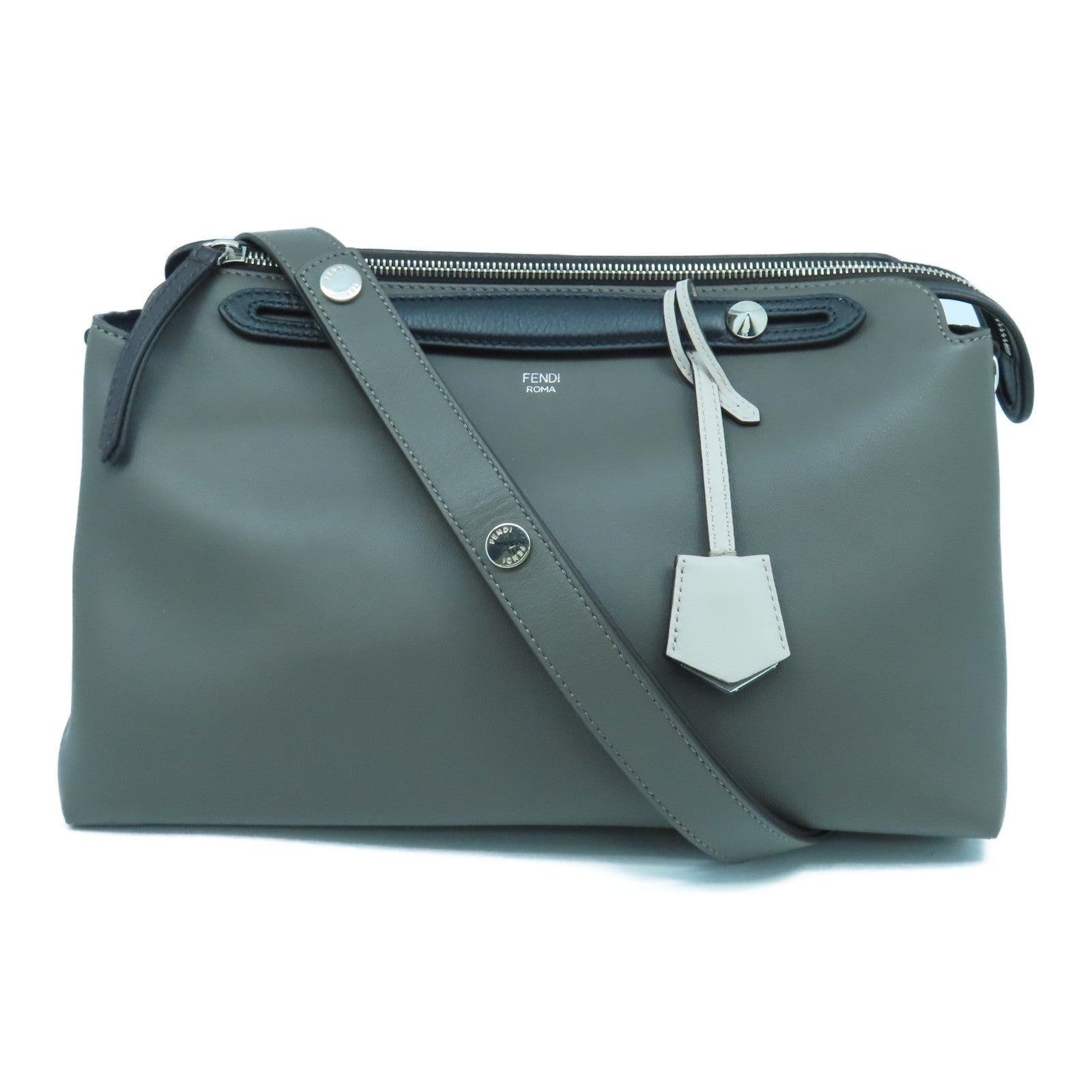 FENDI Leather By The Way Silver Buckle Shoulder Bag Gray