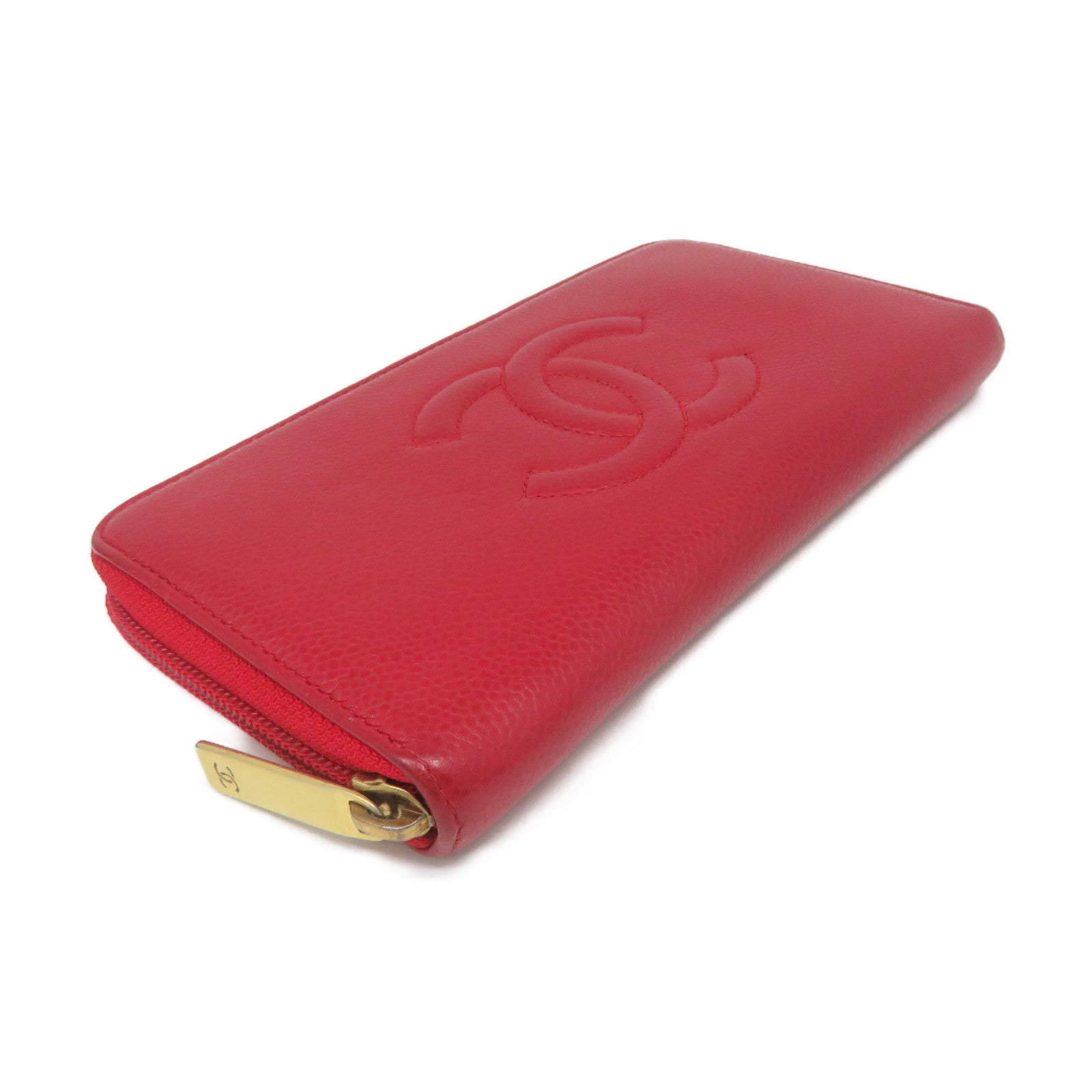 CHANEL 【激減優惠】Caviar皮革Zipper Long Wallet金扣拉鏈長錢包紅色