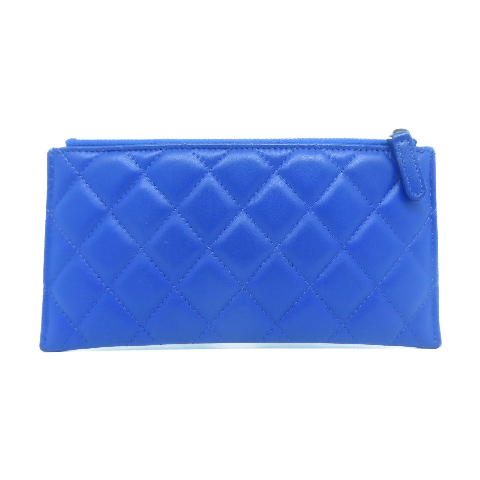 CHANEL 菱格皮革Pouch Wallet銀扣長錢包藍色