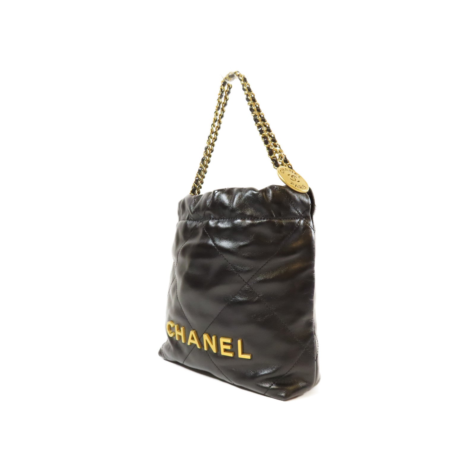 CHANEL 菱格羊皮皮革Mini 22金扣手挽肩背兩用袋黑色