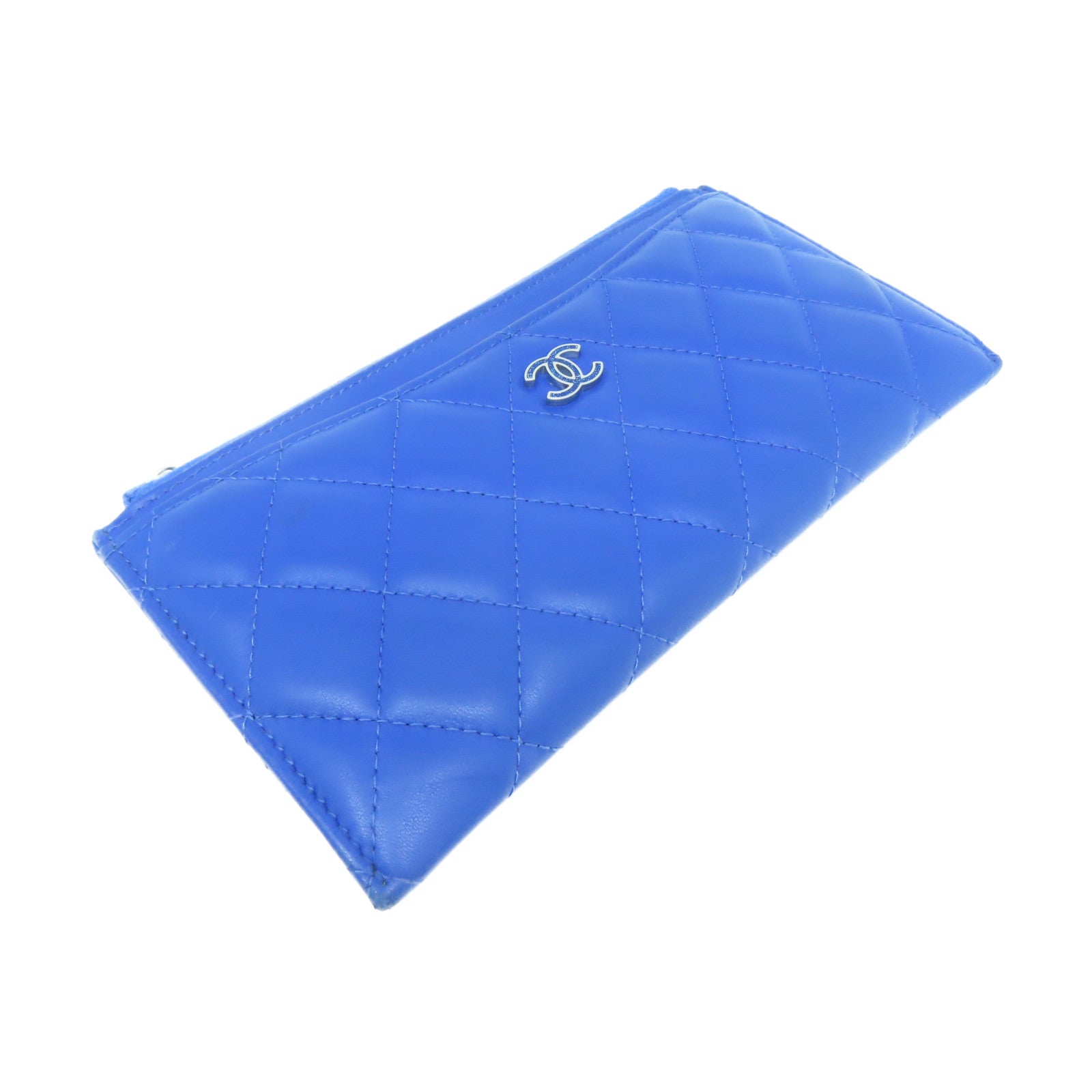 CHANEL 菱格皮革Pouch Wallet銀扣長錢包藍色