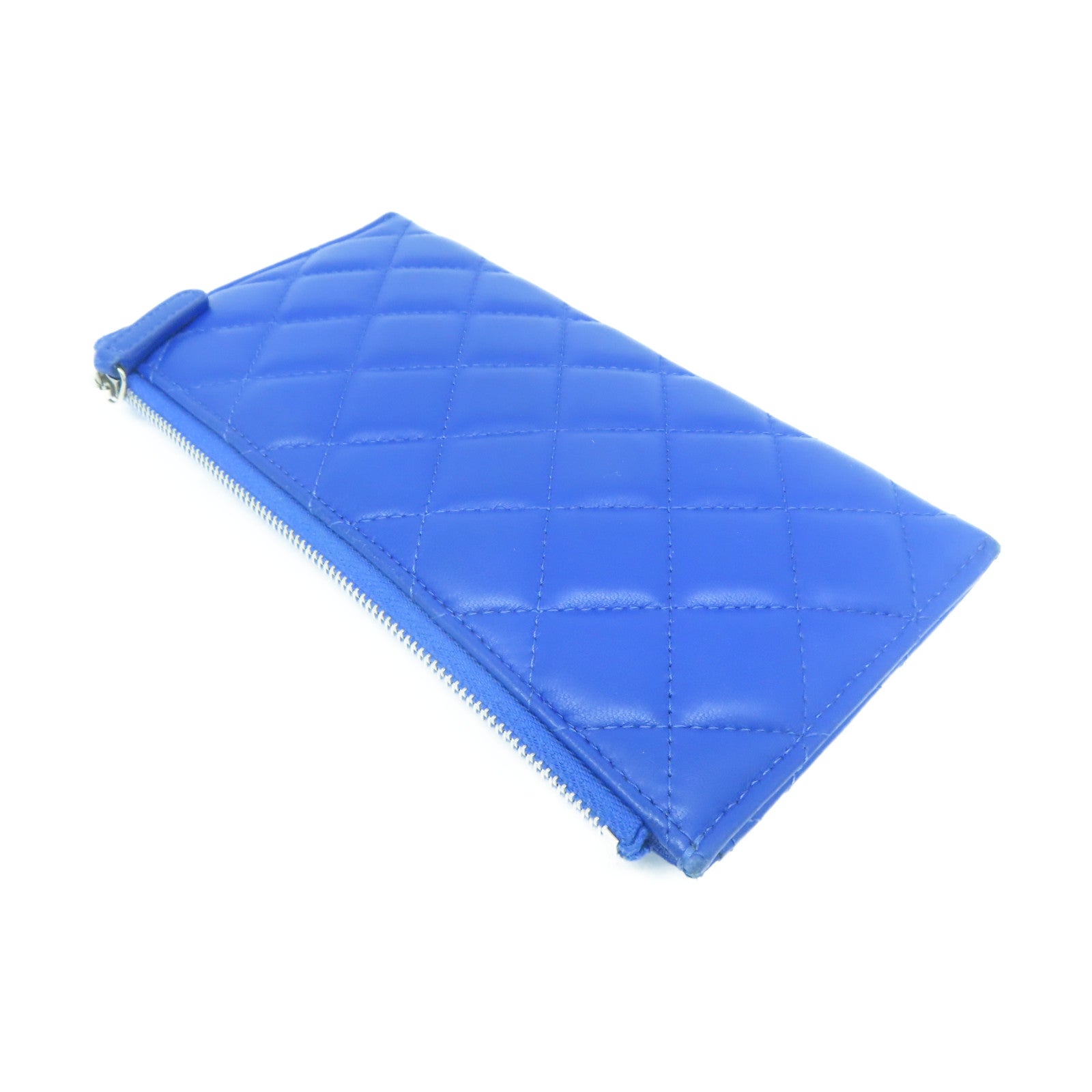 CHANEL 菱格皮革Pouch Wallet銀扣長錢包藍色