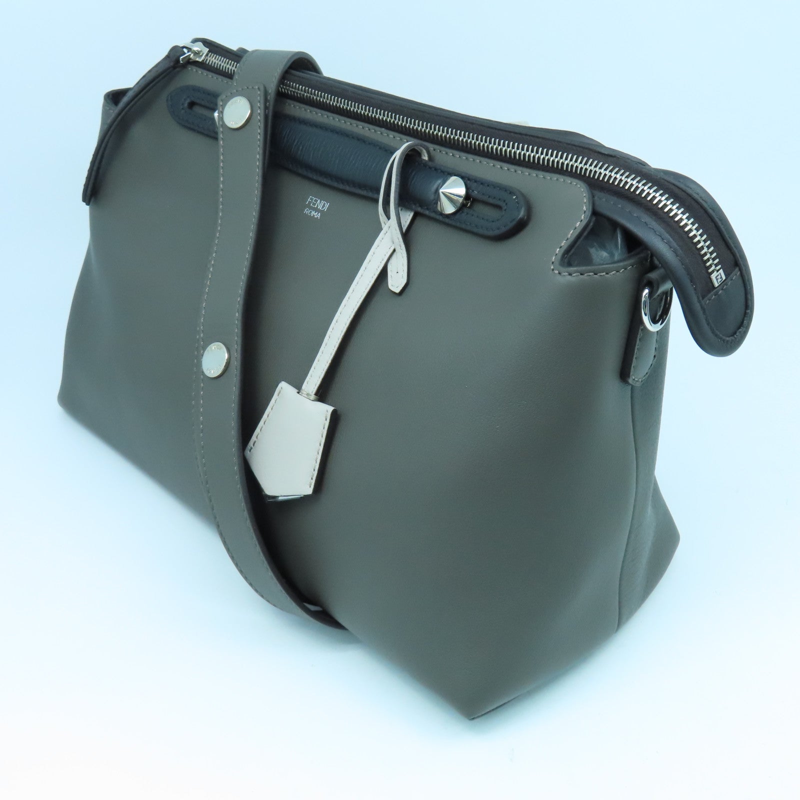 FENDI Leather By The Way Silver Buckle Shoulder Bag Gray