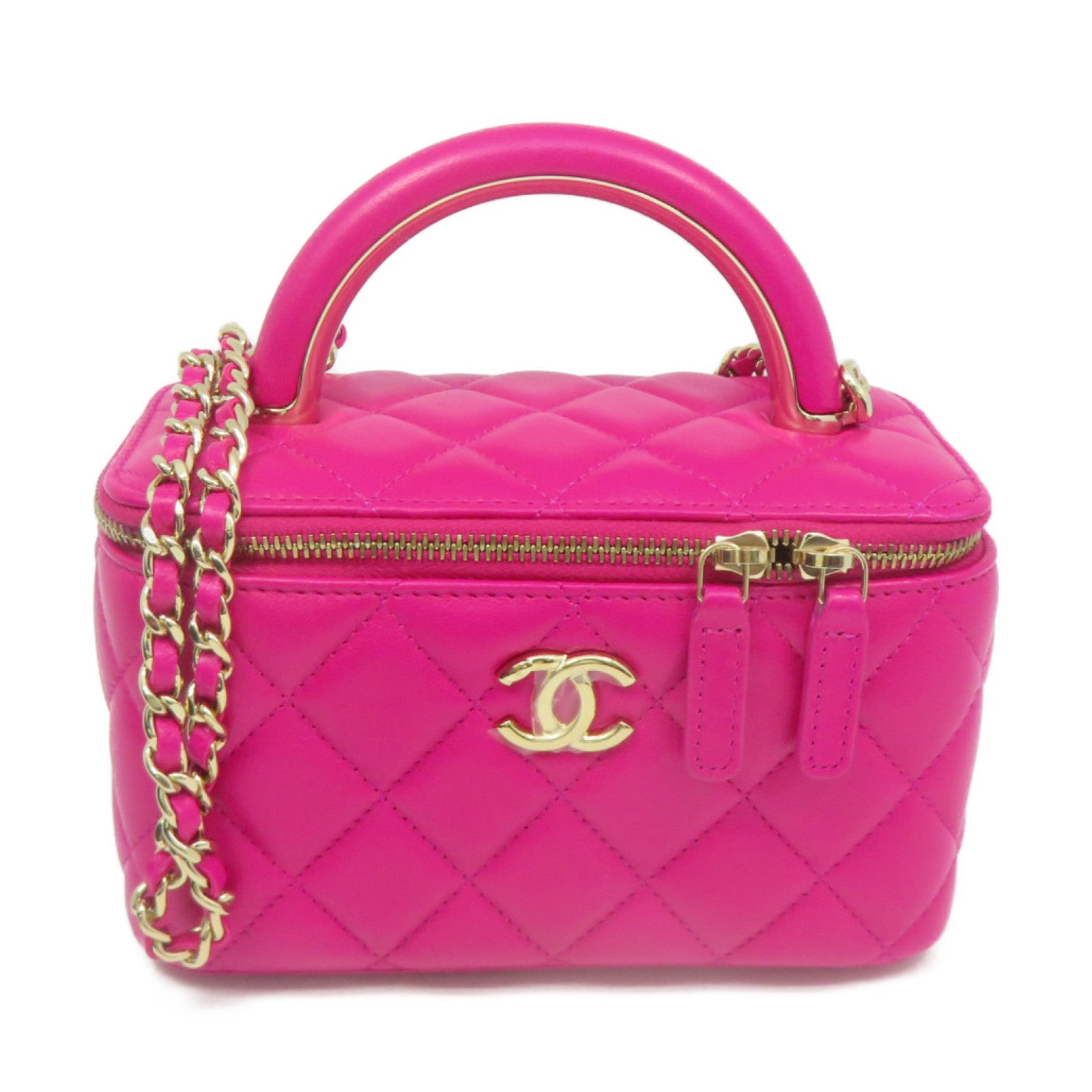 CHANEL 菱格羊皮皮革Small Vanity Chain 2Way Shoulder Bag金扣链带手挽肩背袋粉红色
