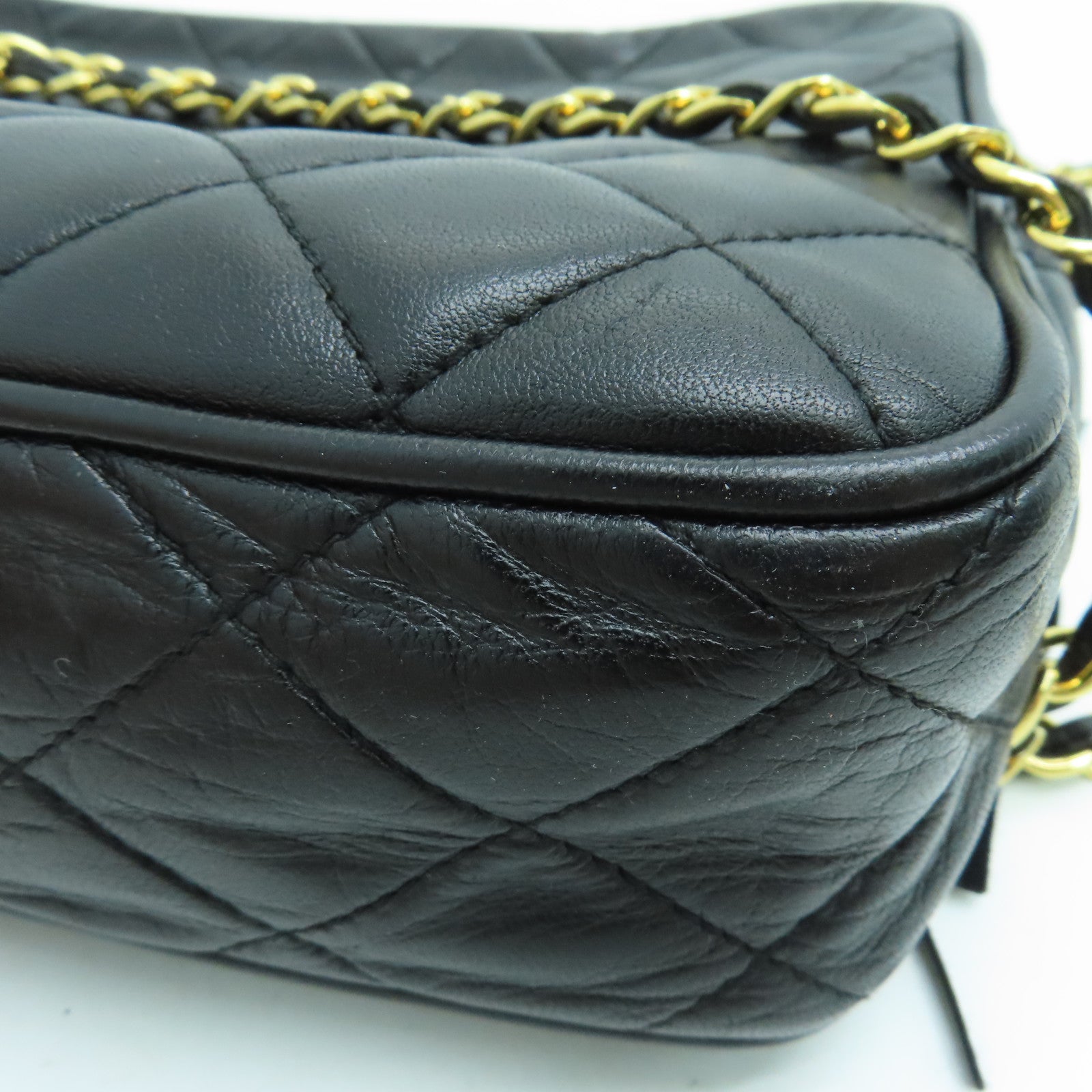 CHANEL 菱格羊皮皮革Chain Shoulder金扣鏈帶肩背袋黑色