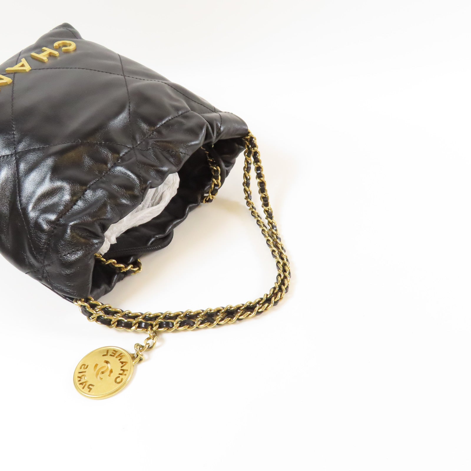 CHANEL 菱格羊皮皮革Mini 22金扣手挽肩背兩用袋黑色