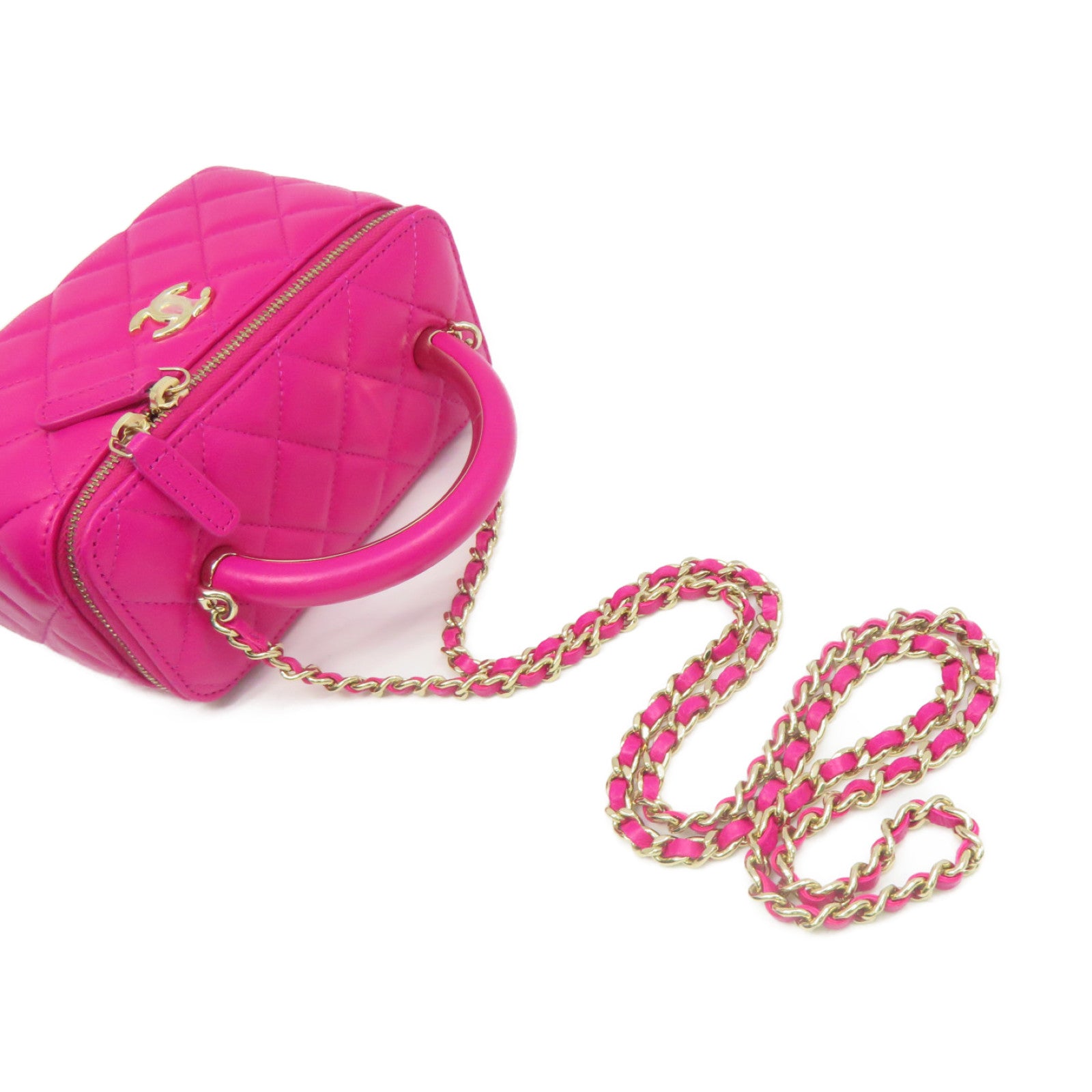 CHANEL 菱格羊皮皮革Small Vanity Chain 2Way Shoulder Bag金扣链带手挽肩背袋粉红色