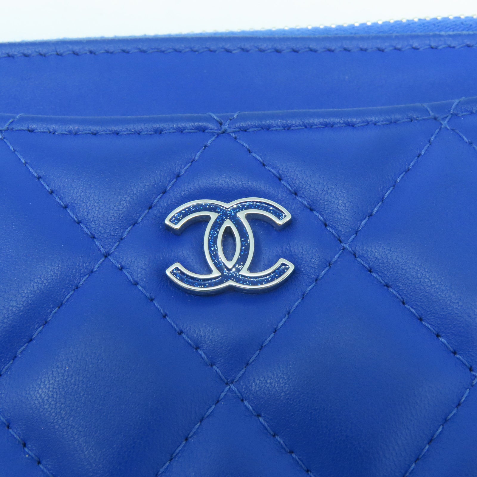 CHANEL 菱格皮革Pouch Wallet銀扣長錢包藍色