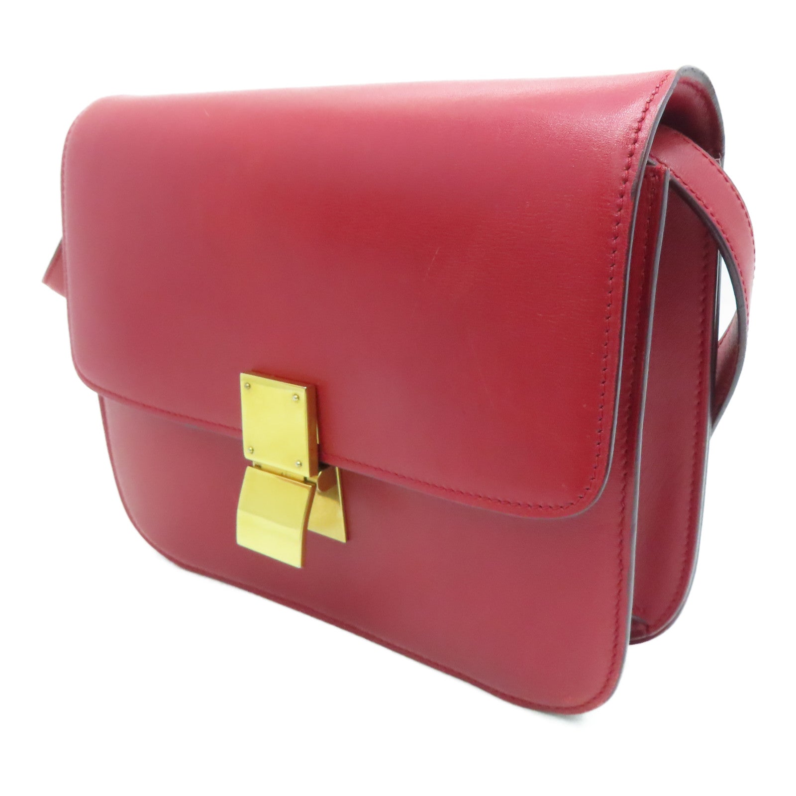CELINE 【激減優惠】牛皮皮革Box Shoulder Bag金扣肩背袋紅色