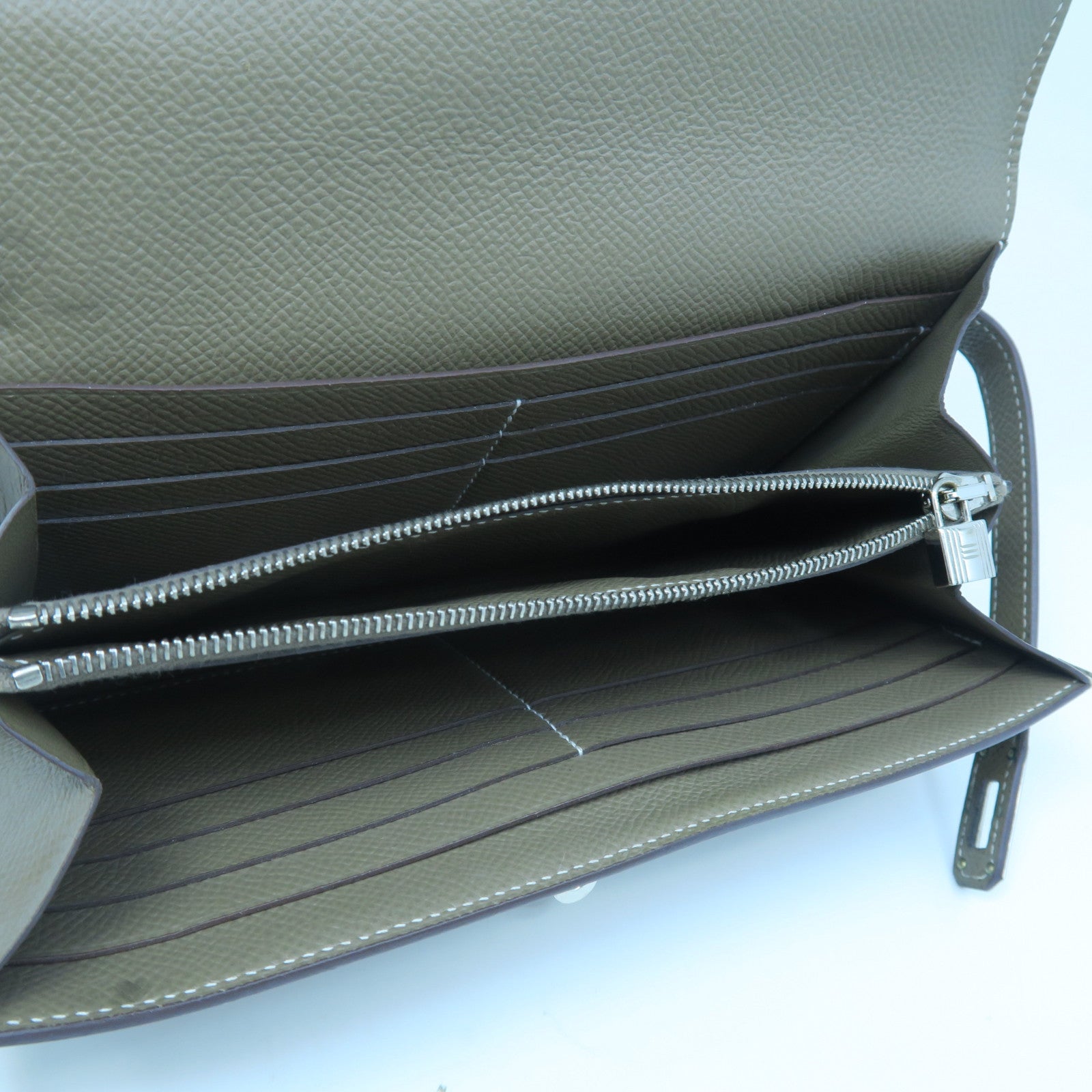 HERMES Epsom皮革Kelly Long Wallet銀扣長錢包大象灰