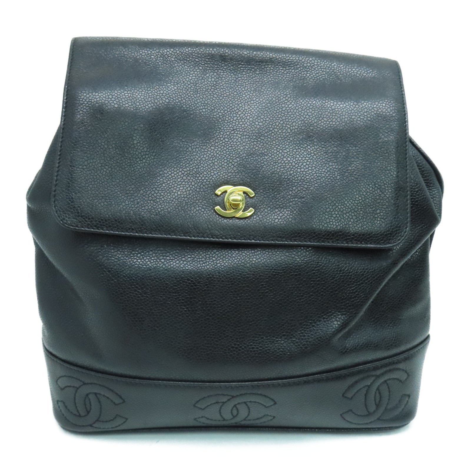 CHANEL Caviar皮革Rucksack金扣背包黑色