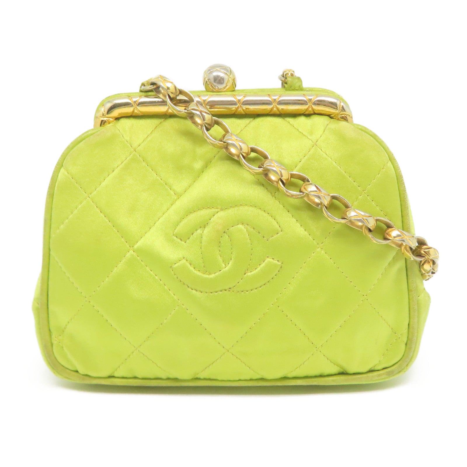 CHANEL 尼龍Chain Shoulder金扣鏈帶肩背袋綠色