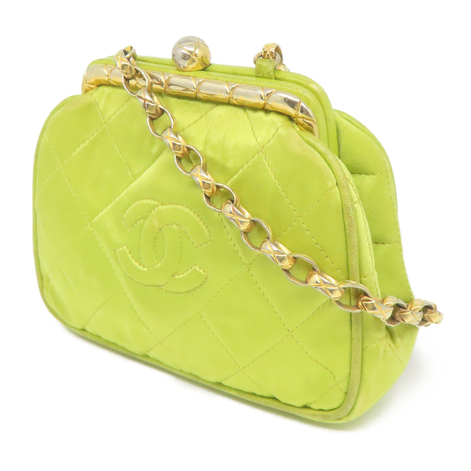CHANEL 尼龍Chain Shoulder金扣鏈帶肩背袋綠色