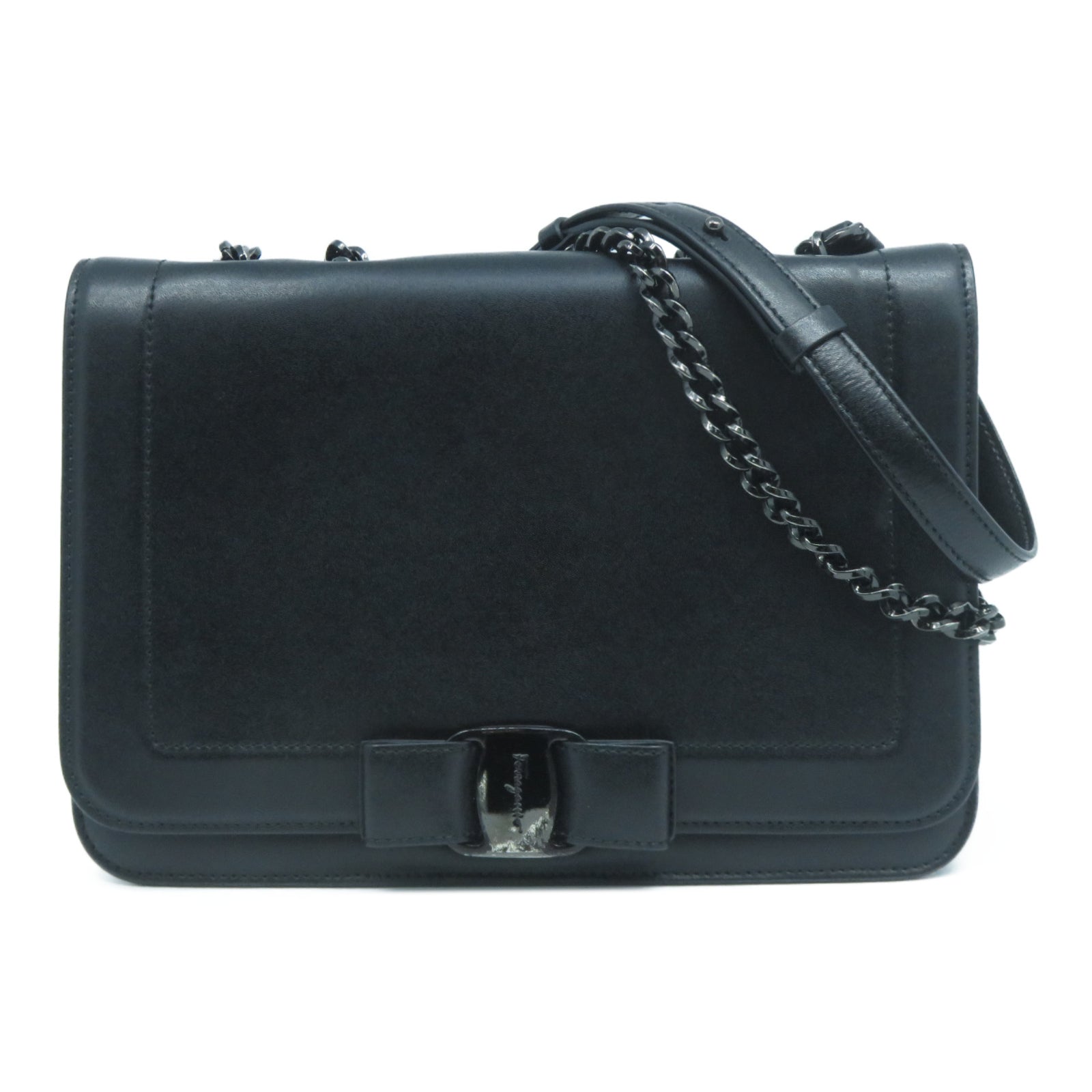 Salvatore Ferragamo 牛皮皮革Shoulder Bag銀扣鏈帶肩背袋黑色