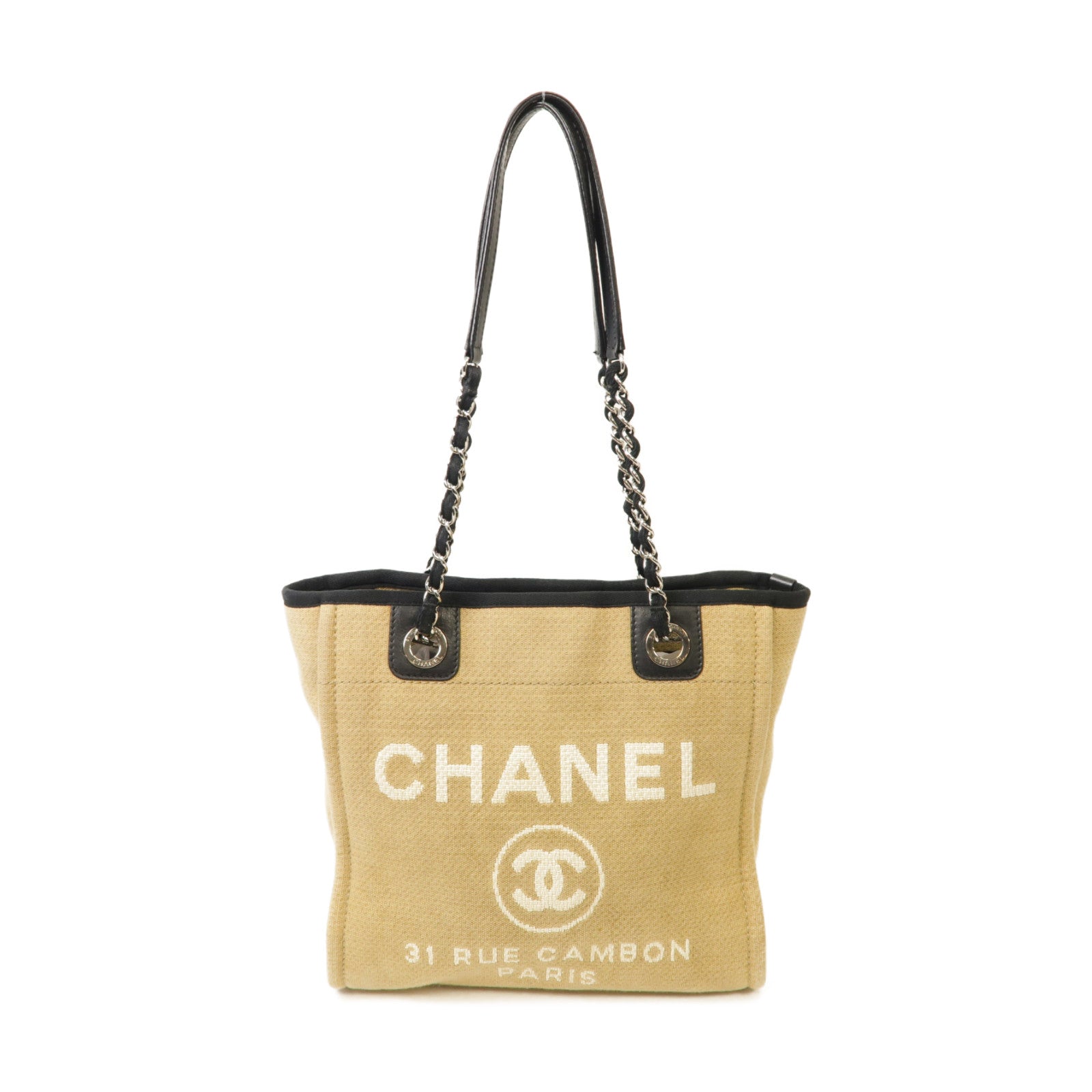 CHANEL 帆布Deauville Tote Bag銀扣手挽袋米色