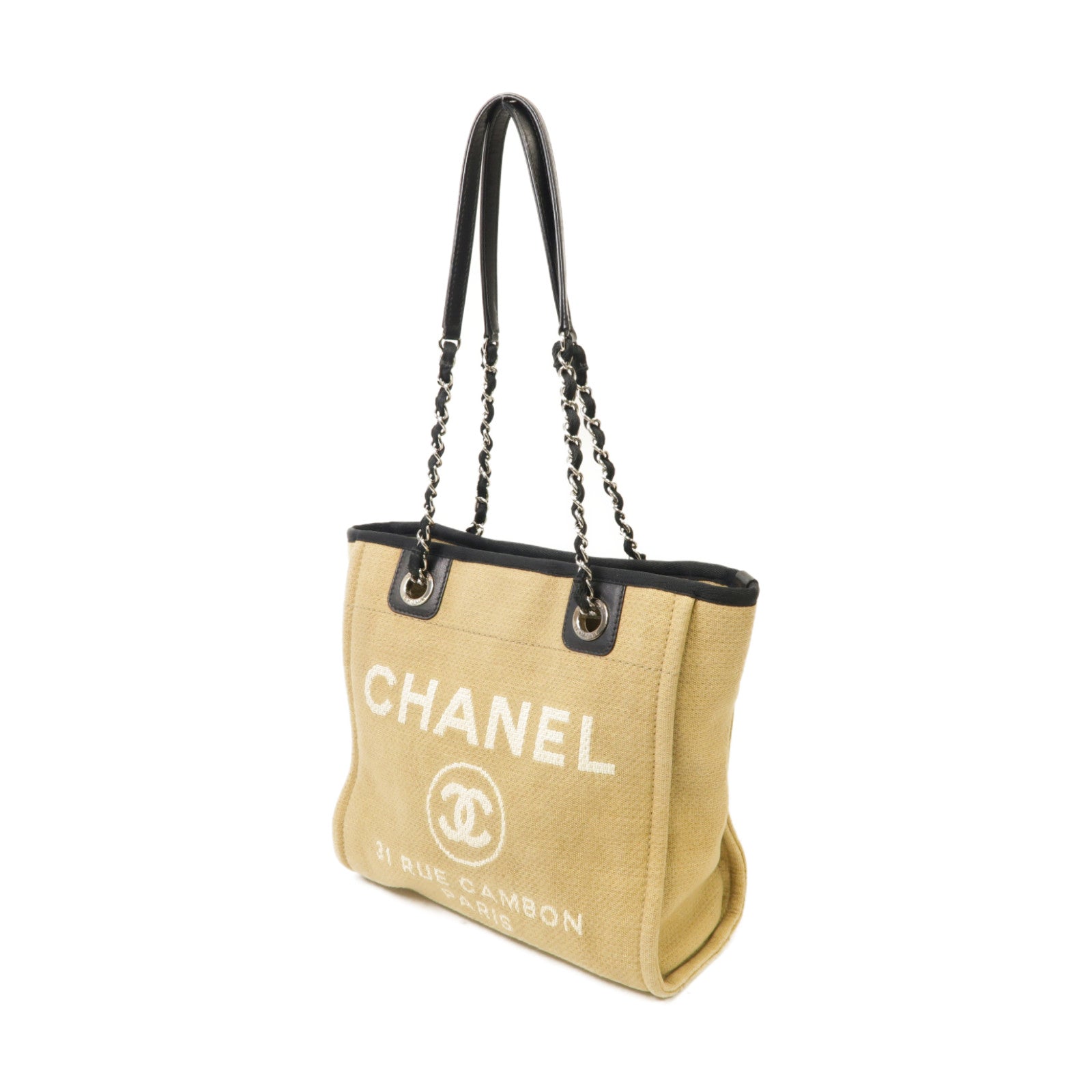 CHANEL 帆布Deauville Tote Bag銀扣手挽袋米色– Brand Off Hong