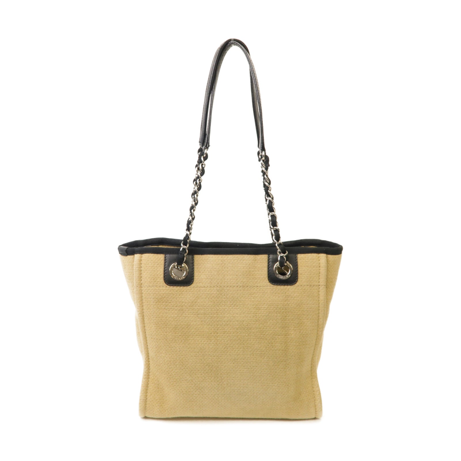 CHANEL 帆布Deauville Tote Bag銀扣手挽袋米色