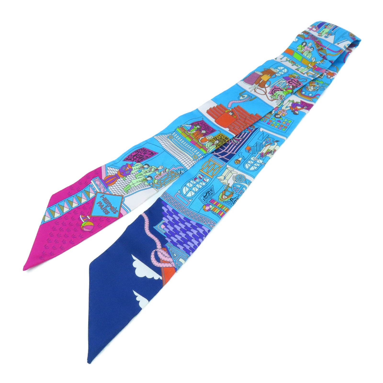 HERMES 絲質Twilly Scarf絲巾藍色/桃紅色