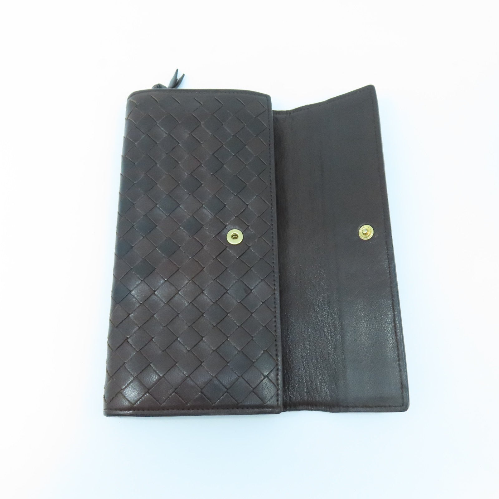 BOTTEGA VENETA Textured Leather Long Wallet Gold Buckle Long Wallet Brown