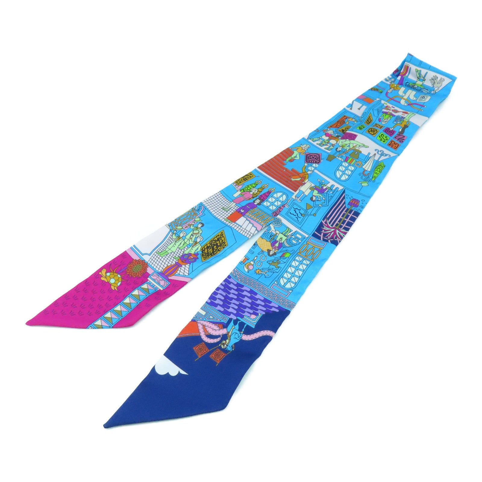 HERMES 絲質Twilly Scarf絲巾藍色/桃紅色