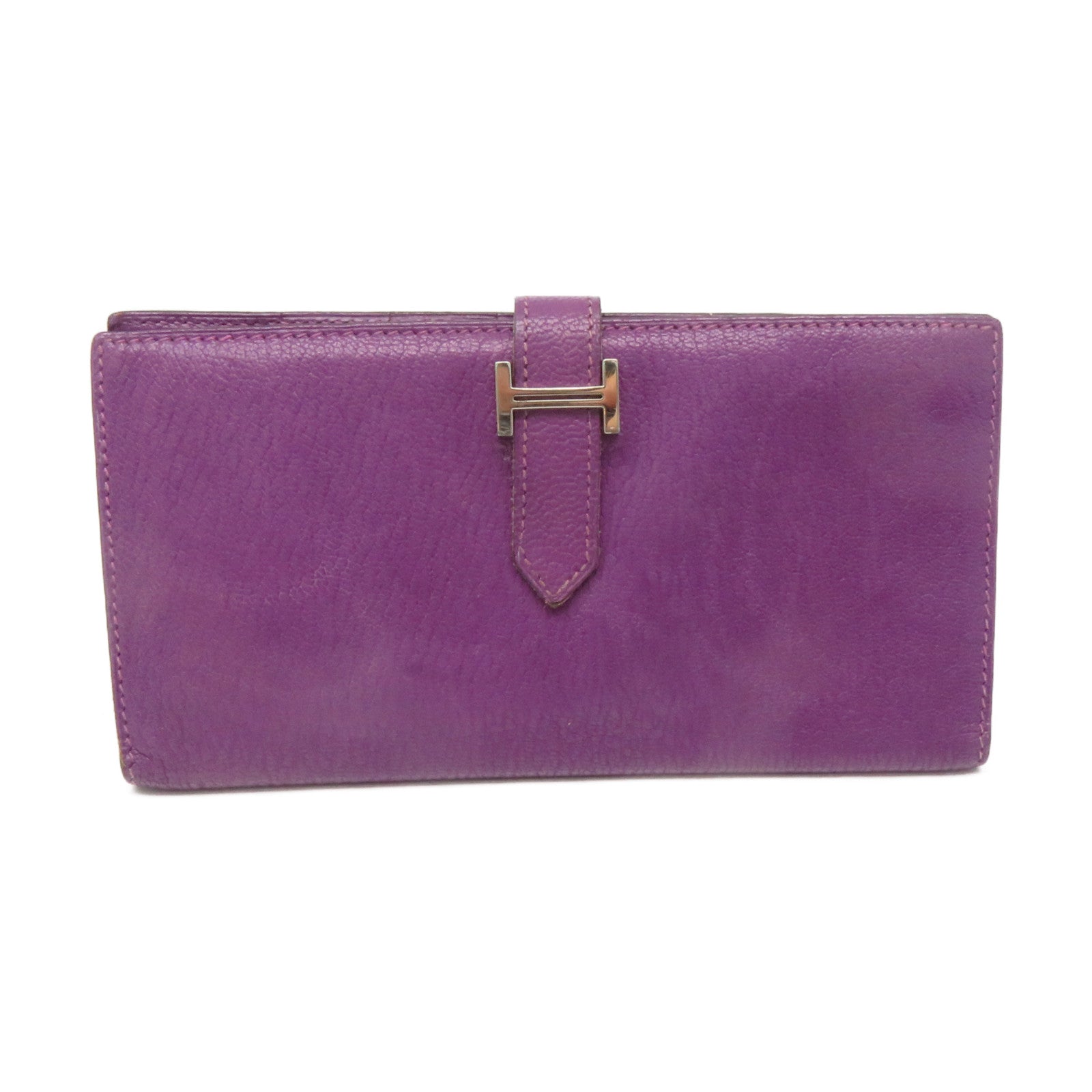 HERMES Chevre皮革Bearn W Snap Long Wallet銀扣長錢包5H紫色