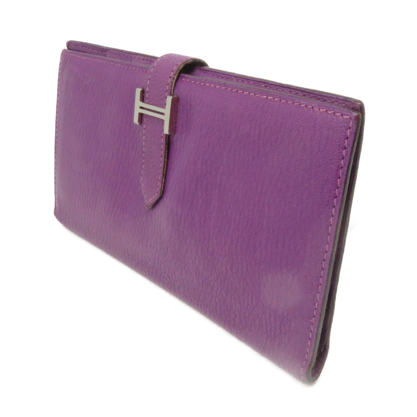 HERMES Chevre皮革Bearn W Snap Long Wallet銀扣長錢包5H紫色