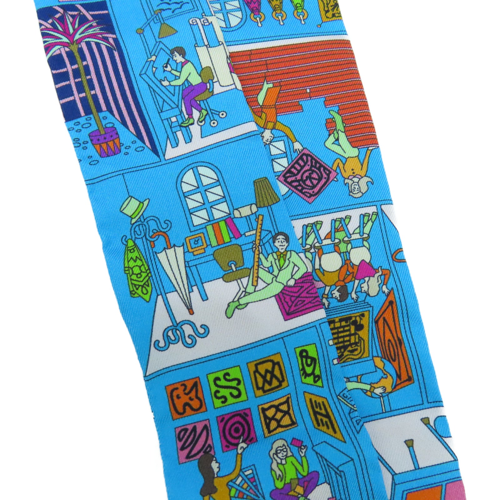 HERMES 絲質Twilly Scarf絲巾藍色/桃紅色