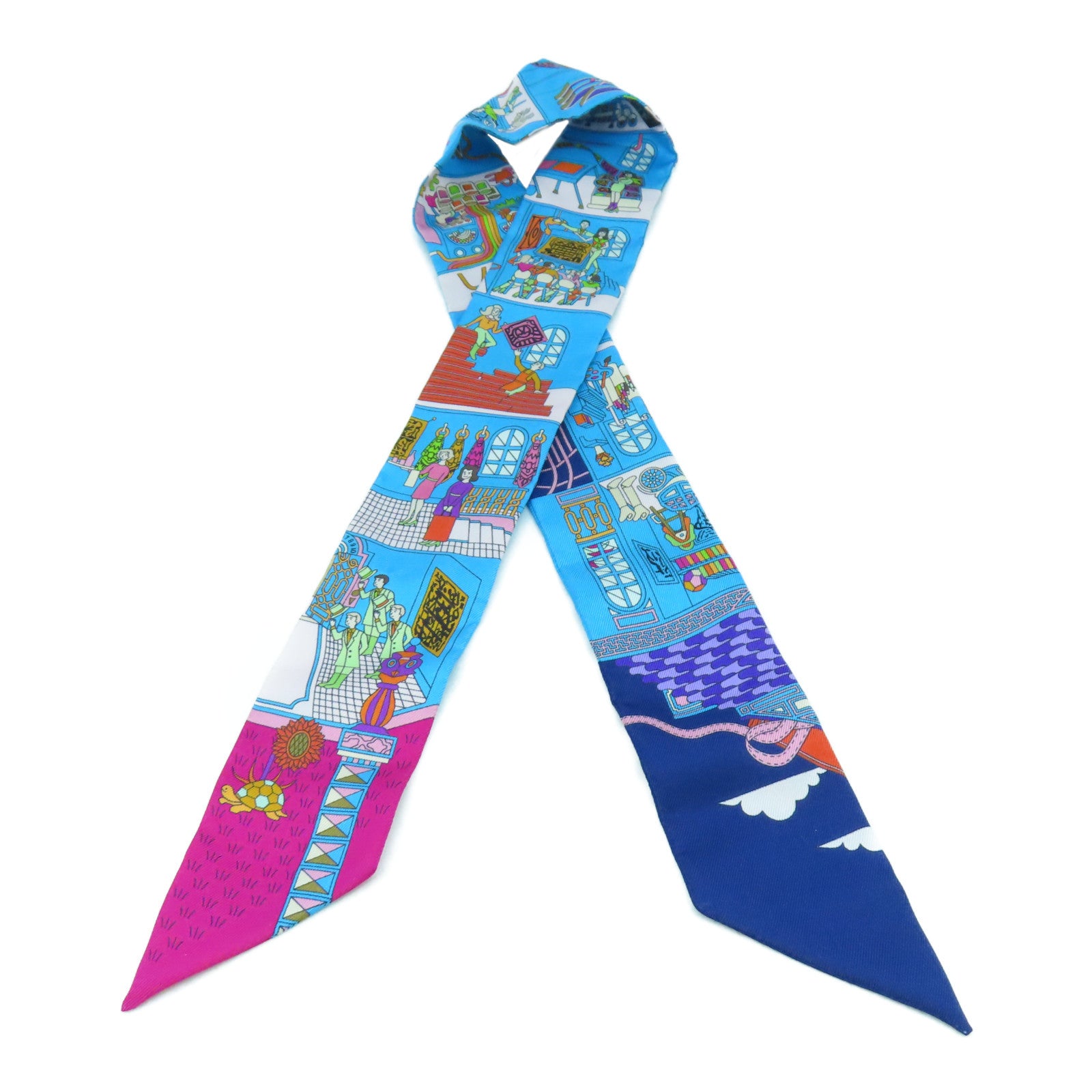 HERMES 絲質Twilly Scarf絲巾藍色/桃紅色