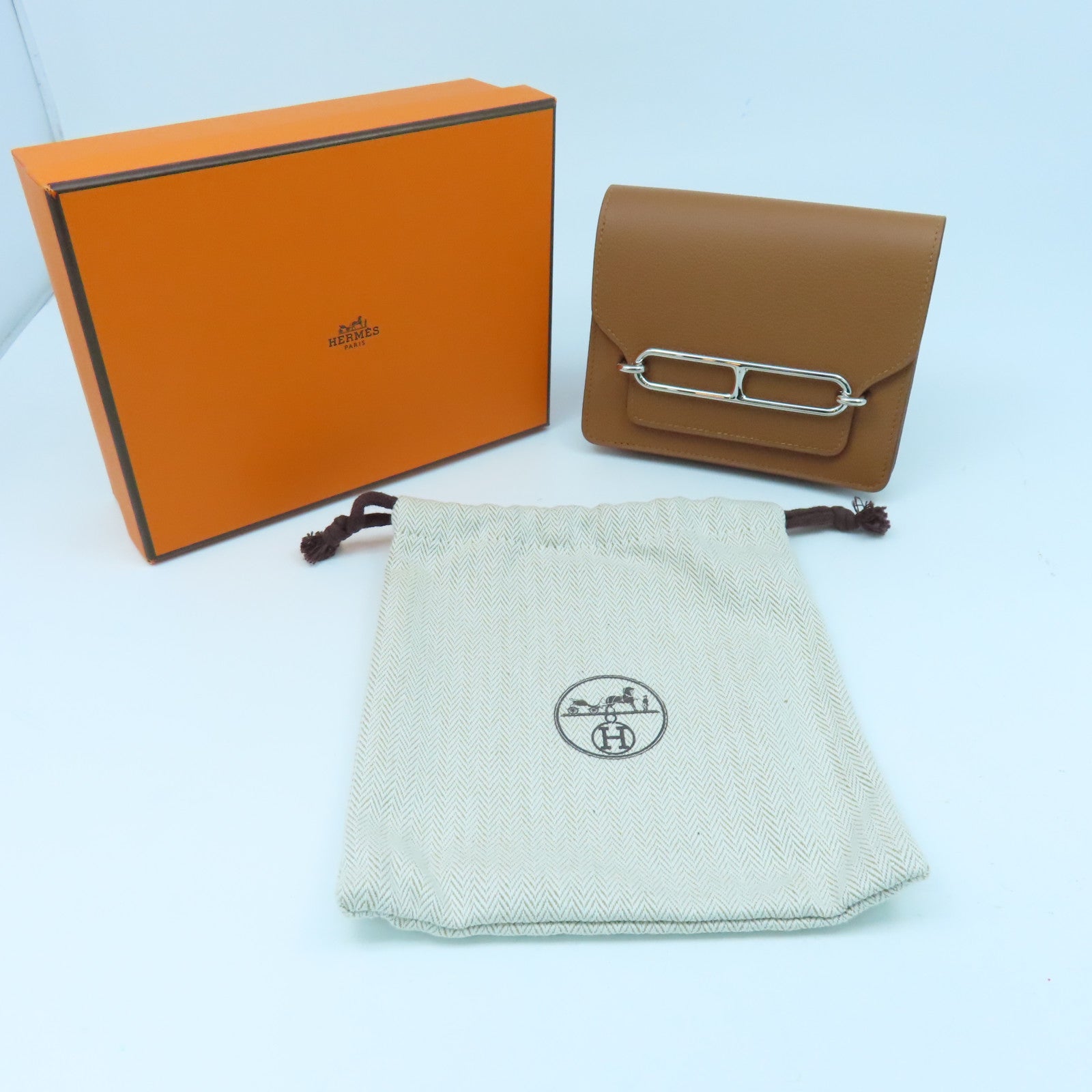 HERMES Evercolor Leather Roulis Slim Silver Buckle Wallet Classic Camel/Bubble Green