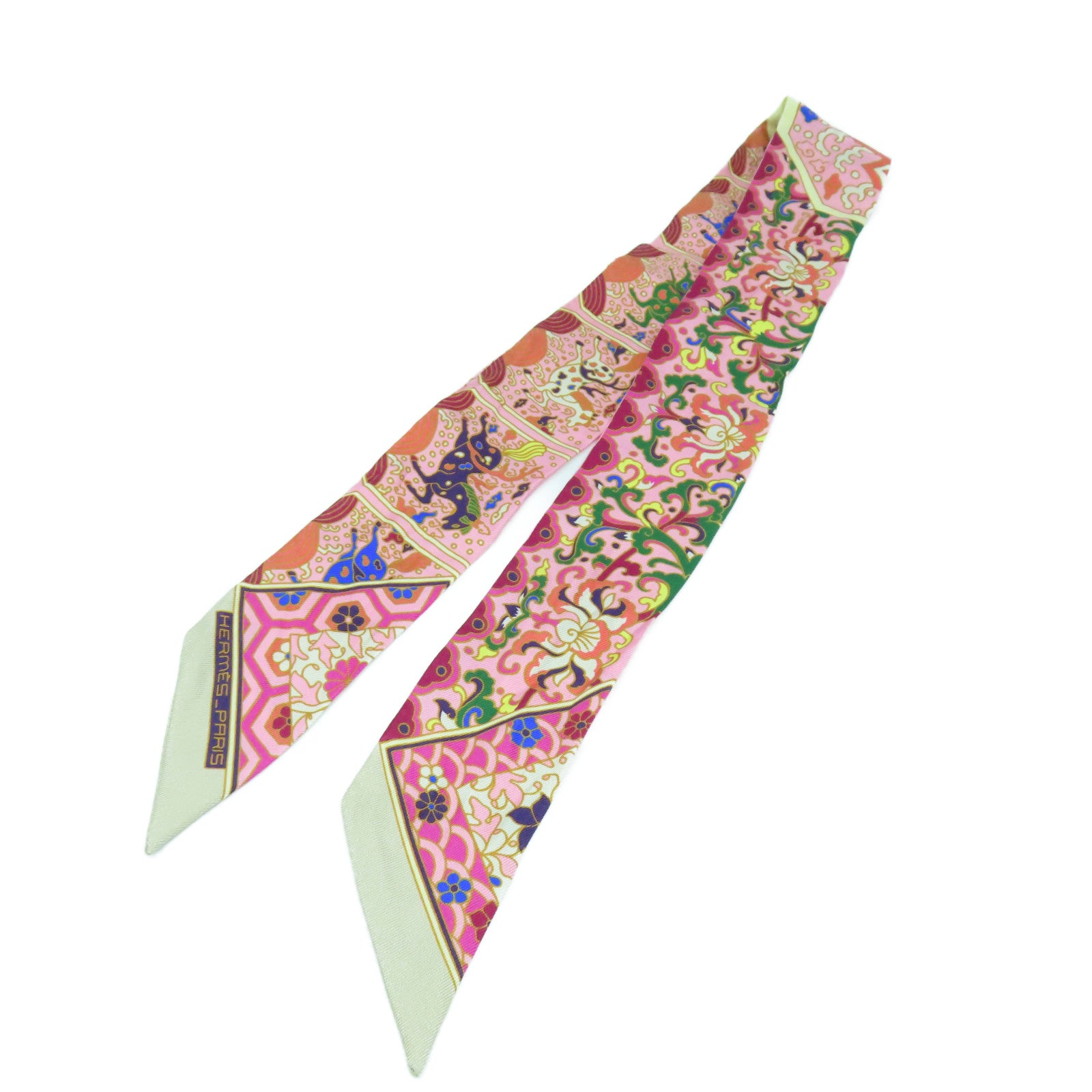 HERMES 【激減優惠】絲質Twilly Scarf絲巾粉紅色/橙色