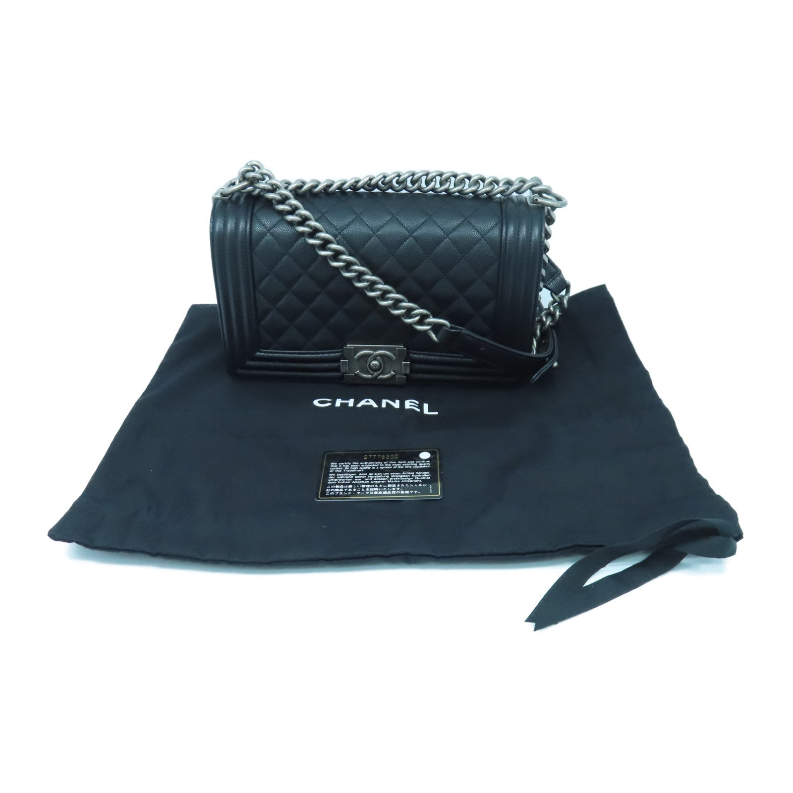 CHANEL Rhombus Caviar Leather Boy 25cm Silver Buckle Chain Shoulder Bag Black