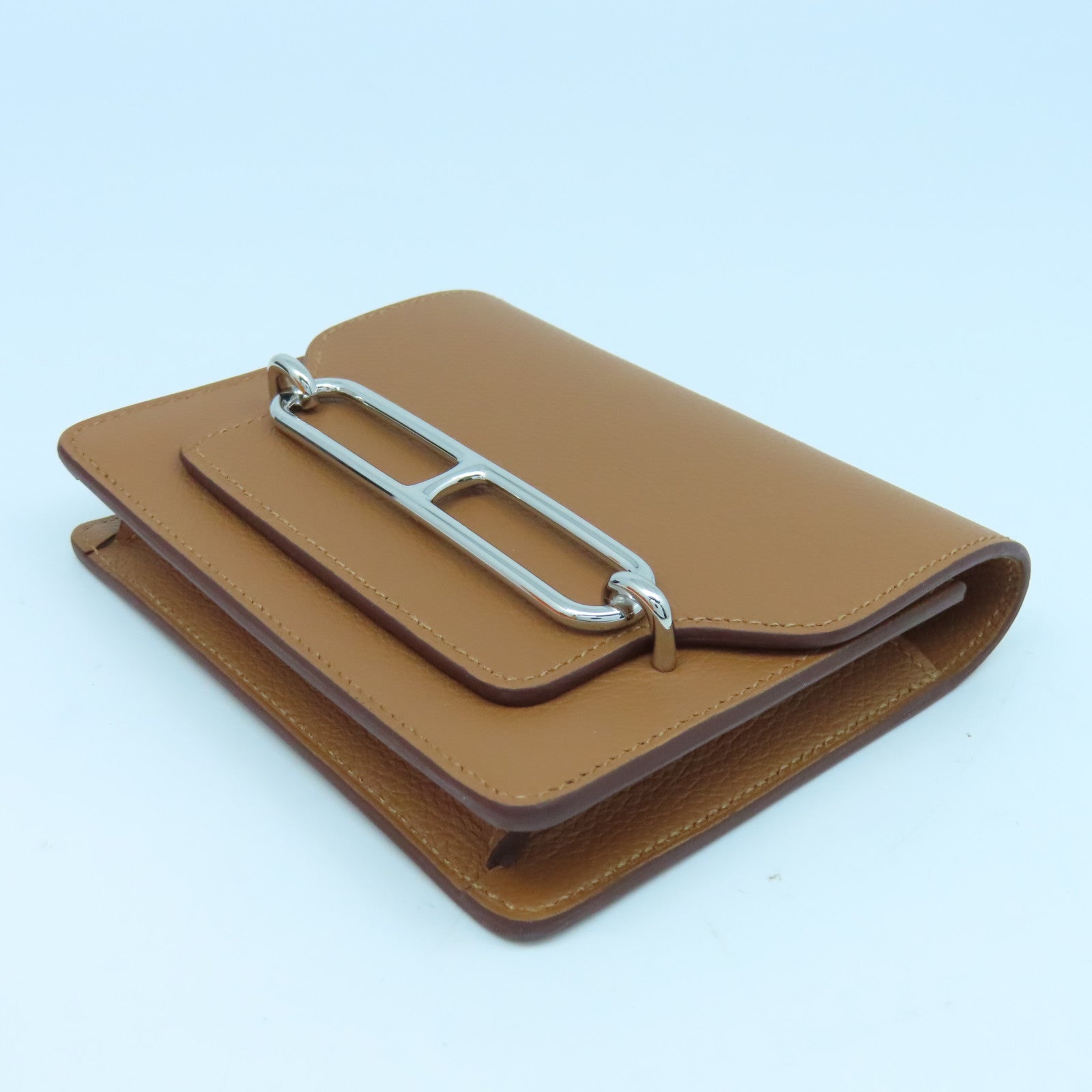 HERMES Evercolor Leather Roulis Slim Silver Buckle Wallet Classic Camel/Bubble Green