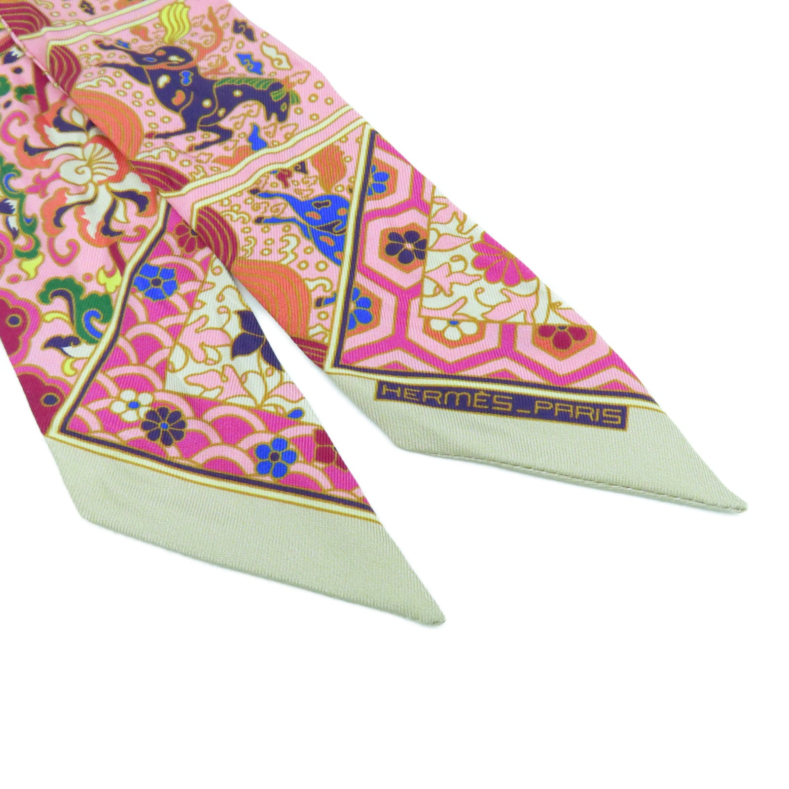 HERMES 【激減優惠】絲質Twilly Scarf絲巾粉紅色/橙色