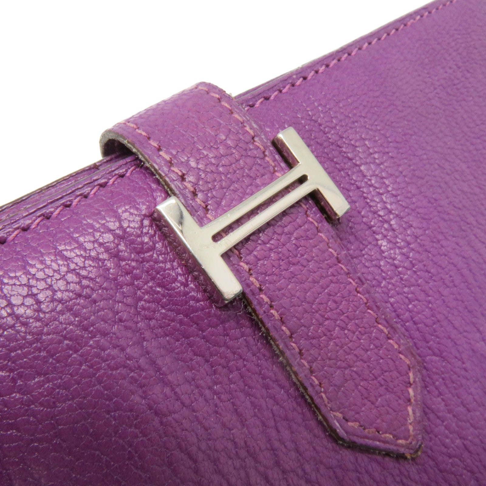 HERMES Chevre皮革Bearn W Snap Long Wallet銀扣長錢包5H紫色