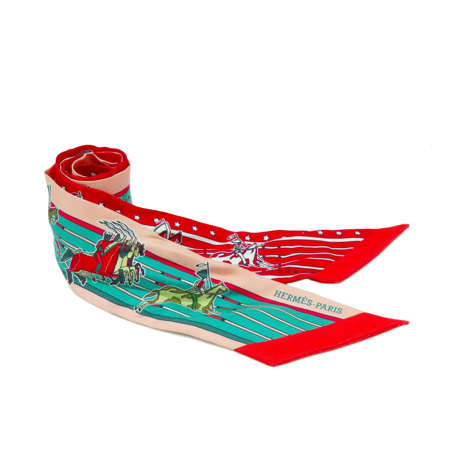 HERMES 絲質Twilly絲巾紅色/粉紅色/綠色