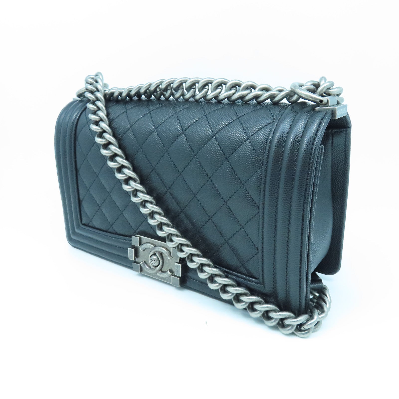 CHANEL Rhombus Caviar Leather Boy 25cm Silver Buckle Chain Shoulder Bag Black