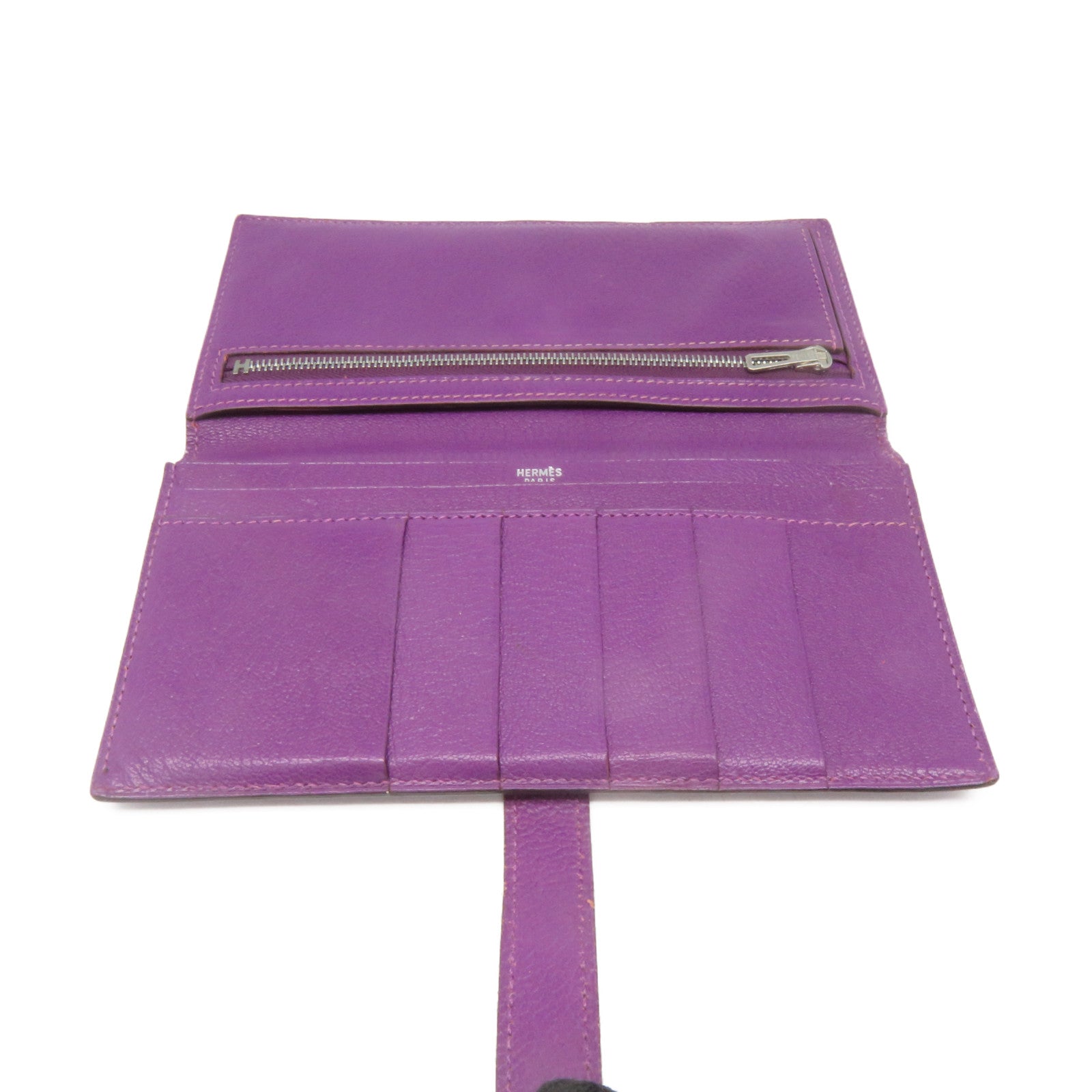 HERMES Chevre皮革Bearn W Snap Long Wallet銀扣長錢包5H紫色