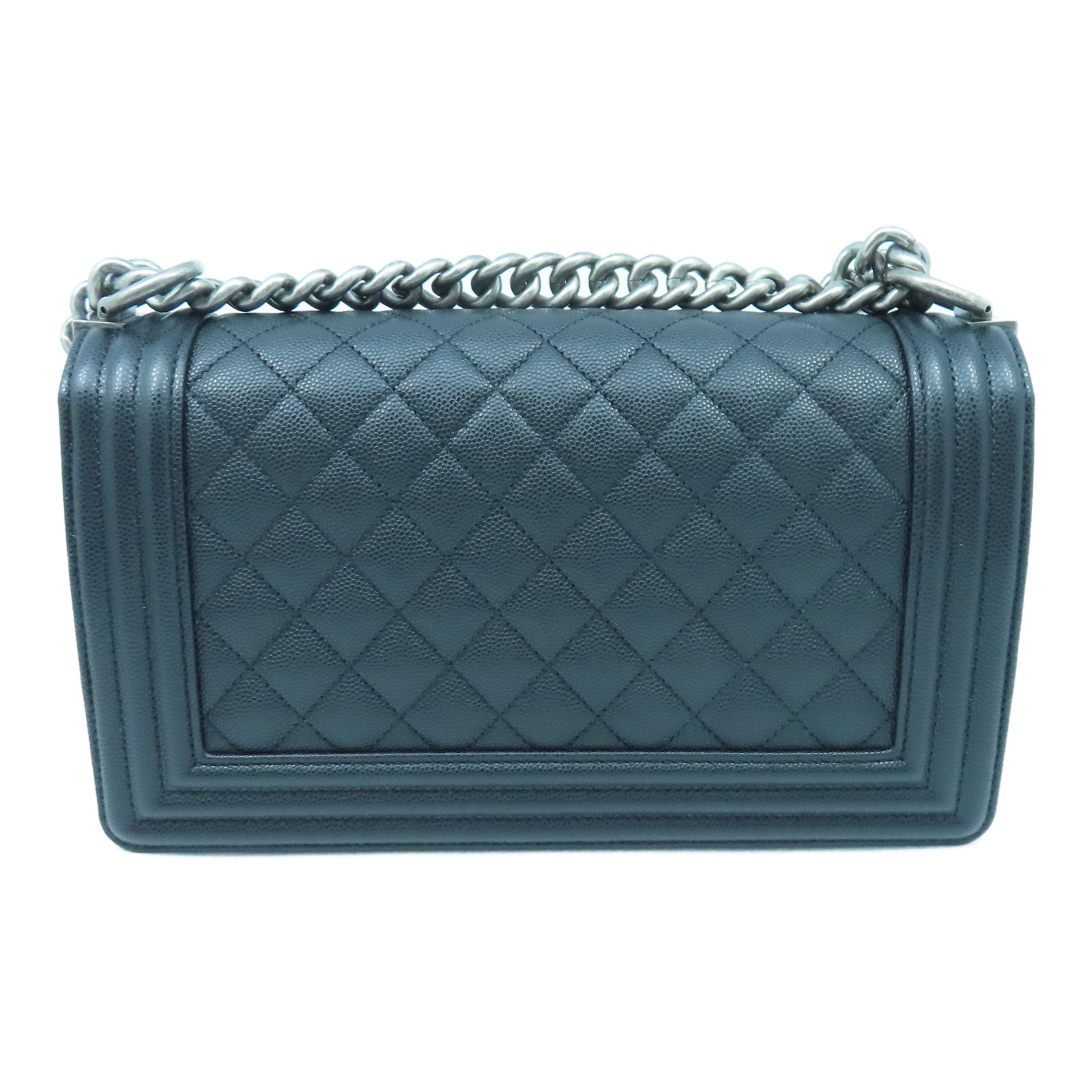 CHANEL Rhombus Caviar Leather Boy 25cm Silver Buckle Chain Shoulder Bag Black