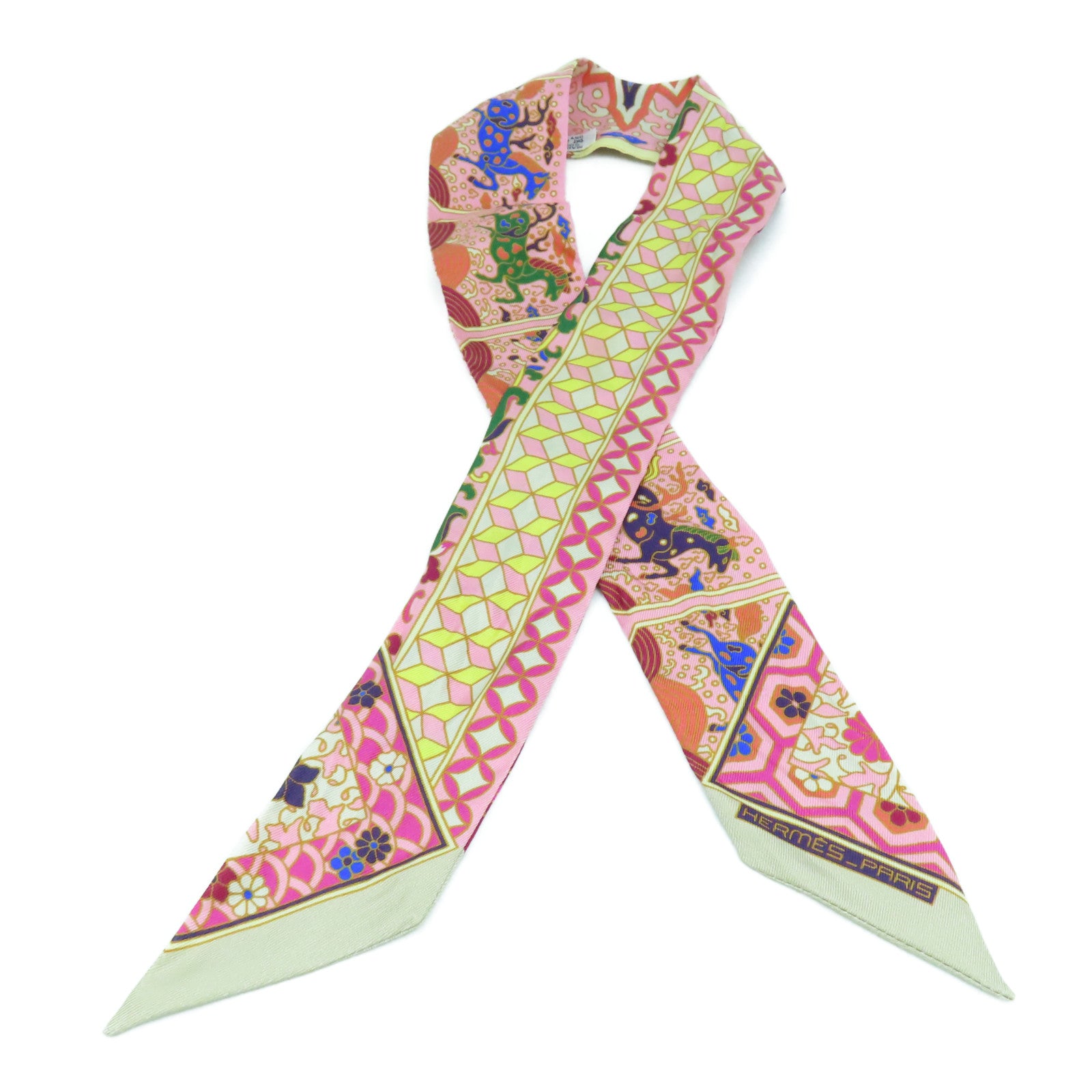 HERMES 【激減優惠】絲質Twilly Scarf絲巾粉紅色/橙色