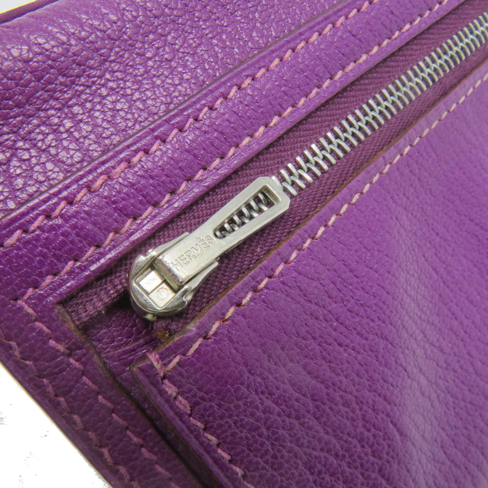 HERMES Chevre皮革Bearn W Snap Long Wallet銀扣長錢包5H紫色