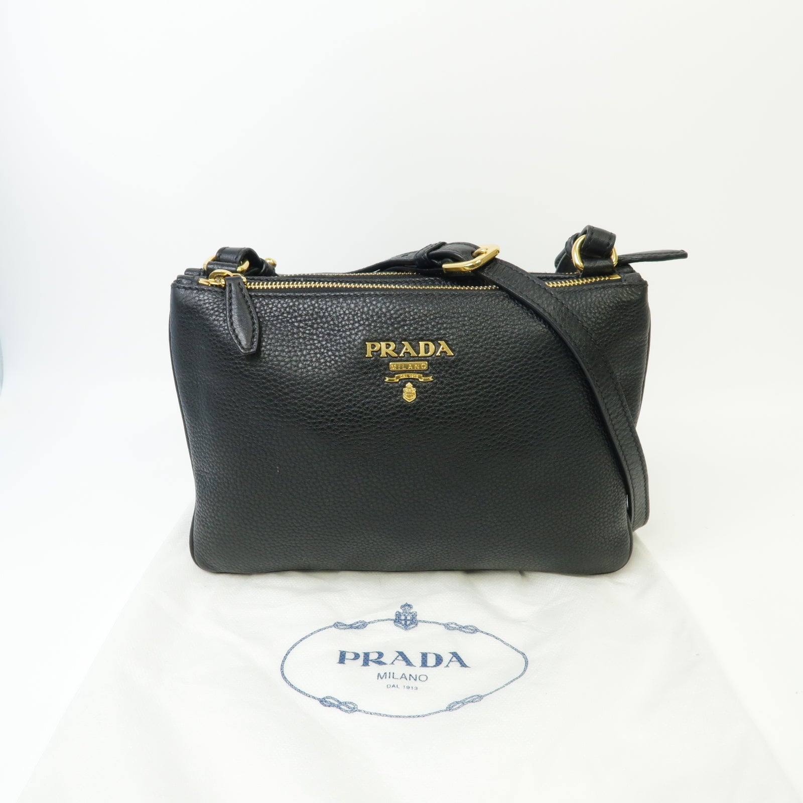 PRADA 牛皮皮革Shoulder Bag銀扣肩背袋黒色