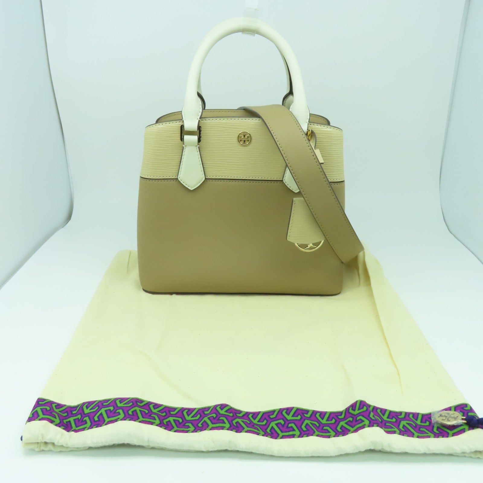 Tory Burch 牛皮皮革2 Way Shoulder Bag金扣手挽肩背兩用袋米色
