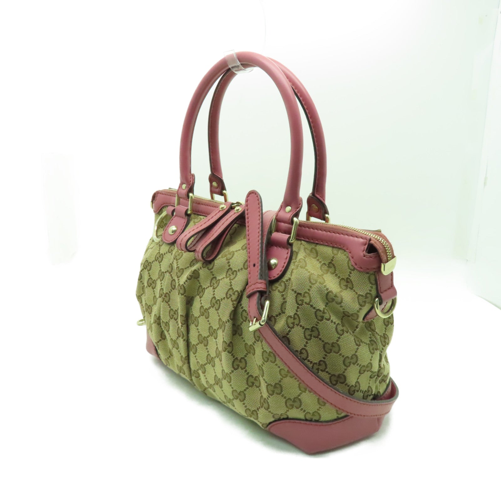 GUCCI 帆布Sukey 2way Shoulder金扣手挽肩背兩用袋棕色/粉紅色