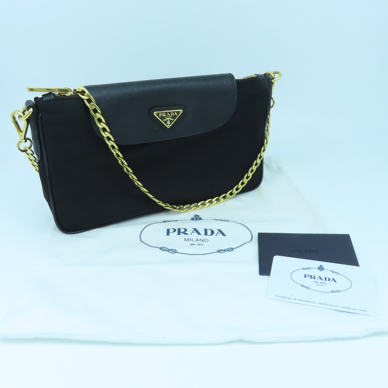 PRADA Nylon/Saffiano Leather Chain Shoulder Gold Buckle Chain Shoulder Bag Black