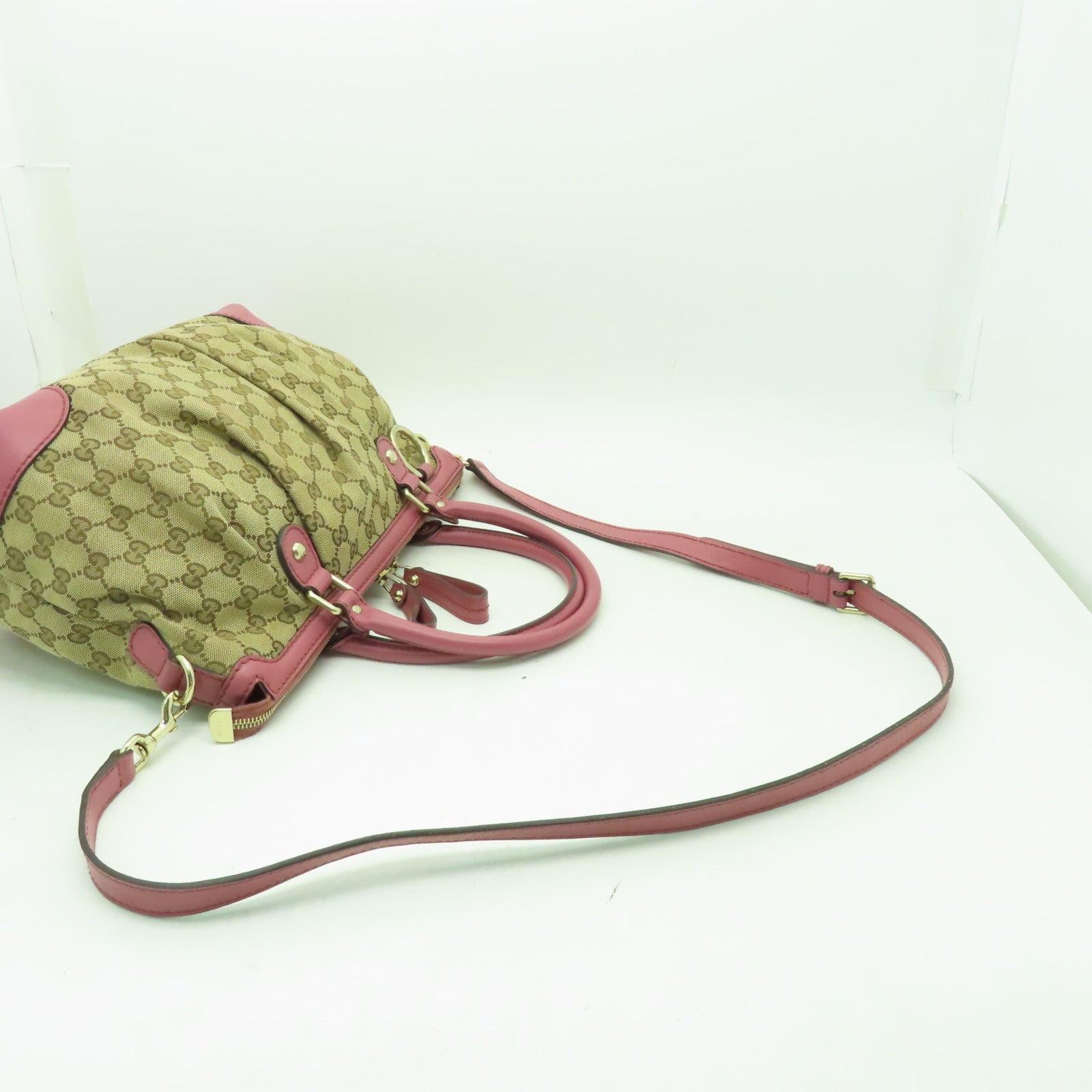 GUCCI 帆布Sukey 2way Shoulder金扣手挽肩背兩用袋棕色/粉紅色