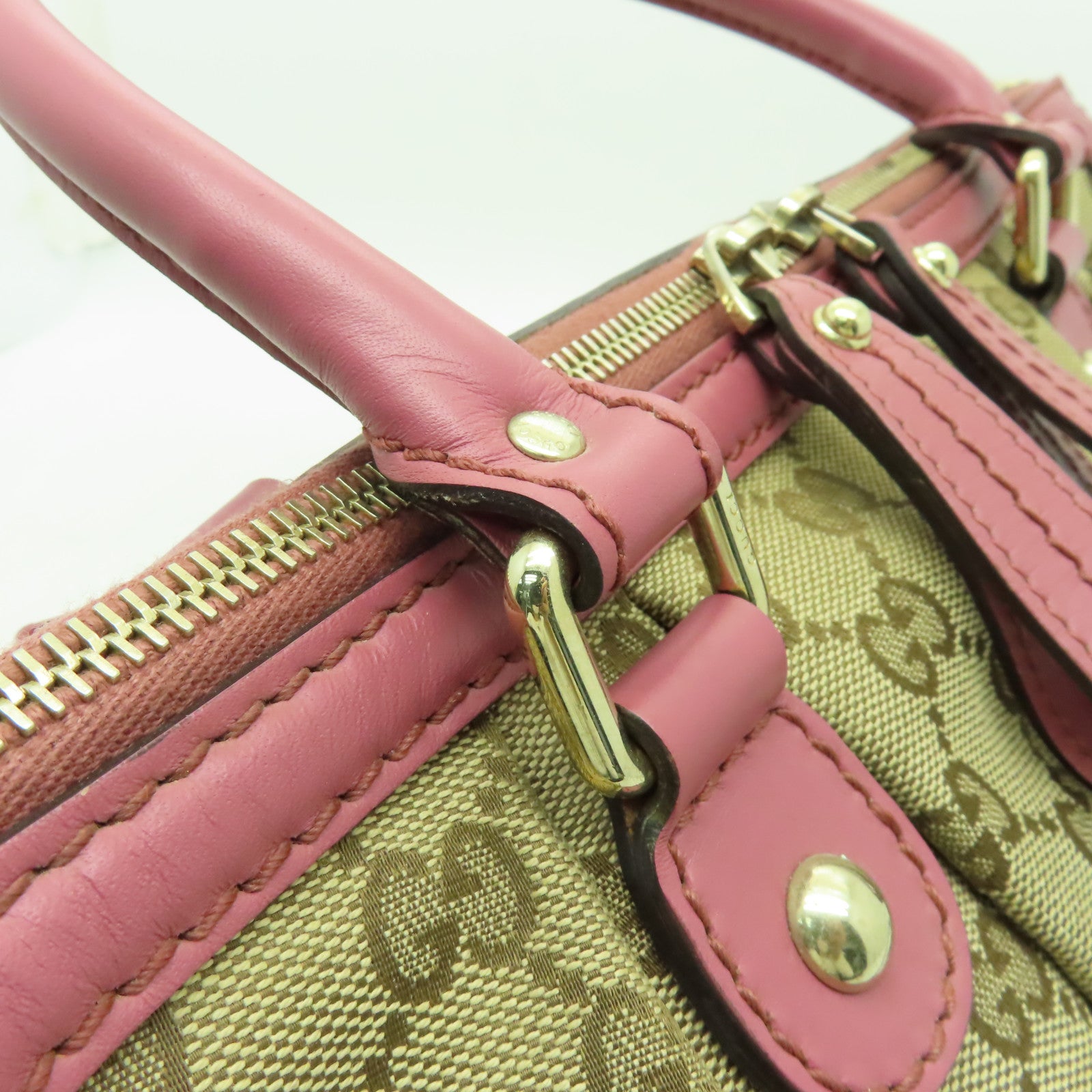 GUCCI 帆布Sukey 2way Shoulder金扣手挽肩背兩用袋棕色/粉紅色