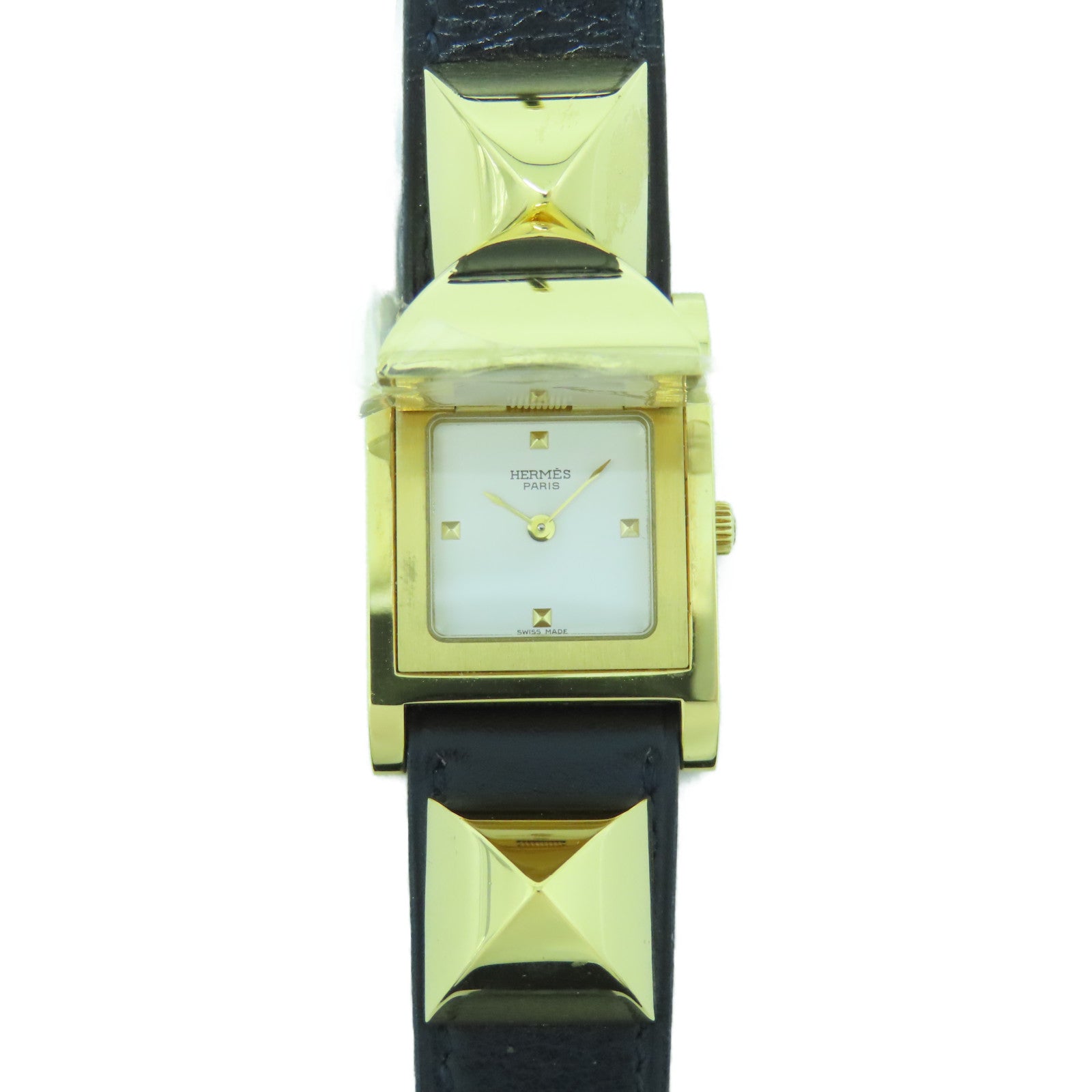 HERMES Medor Watch Vintage镀金/皮革带手表石英机芯黑色