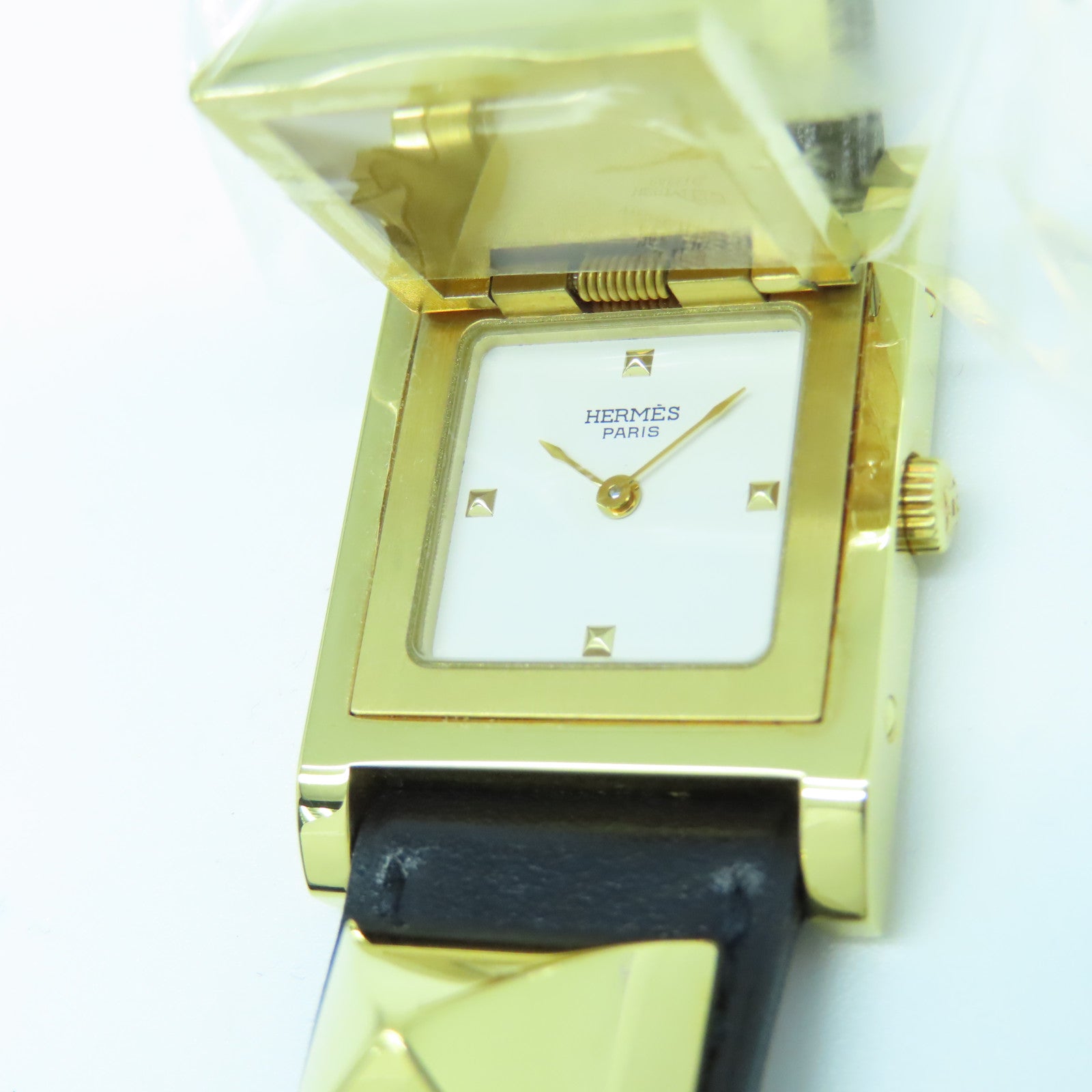 HERMES Medor Watch Vintage镀金/皮革带手表石英机芯黑色
