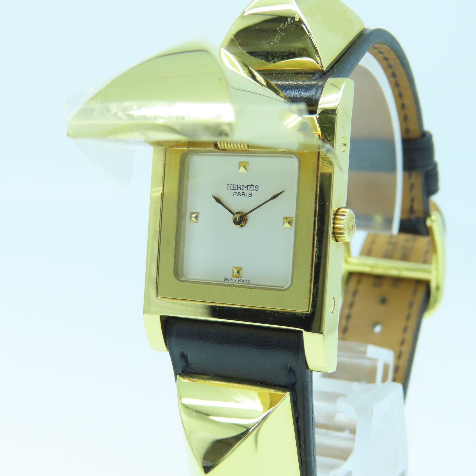 HERMES Medor Watch Vintage镀金/皮革带手表石英机芯黑色